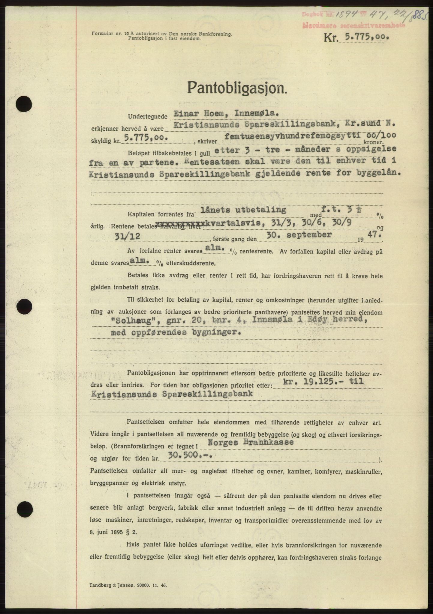 Nordmøre sorenskriveri, AV/SAT-A-4132/1/2/2Ca: Mortgage book no. B96, 1947-1947, Diary no: : 1894/1947