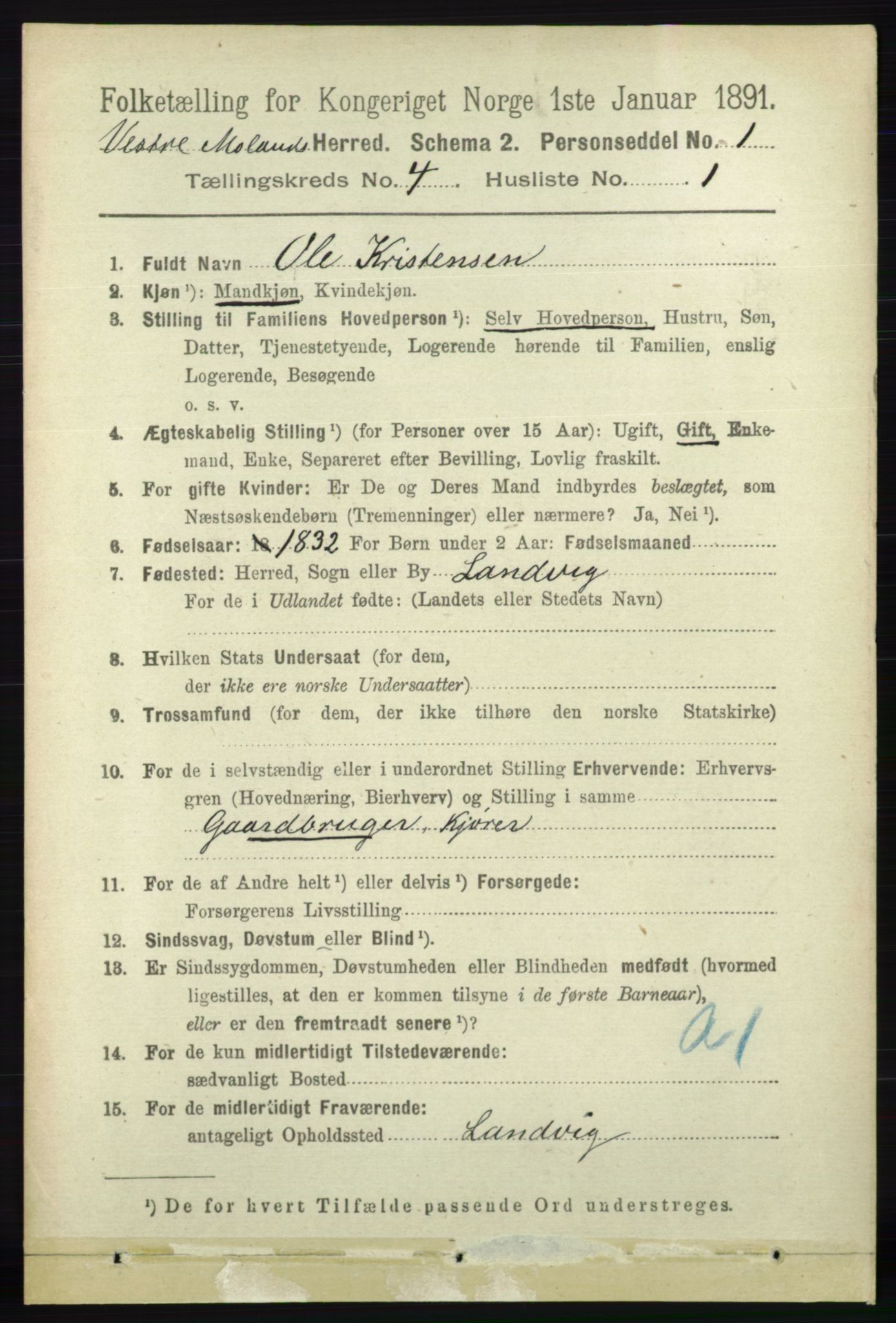 RA, 1891 census for 0926 Vestre Moland, 1891, p. 1224