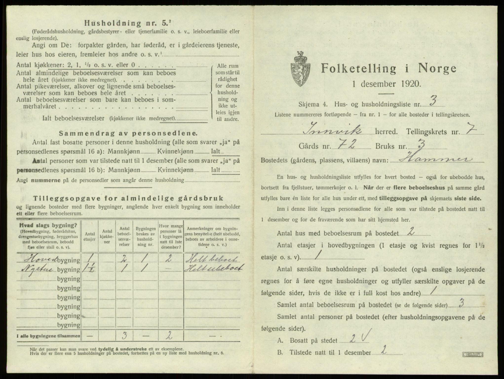 SAB, 1920 census for Innvik, 1920, p. 395