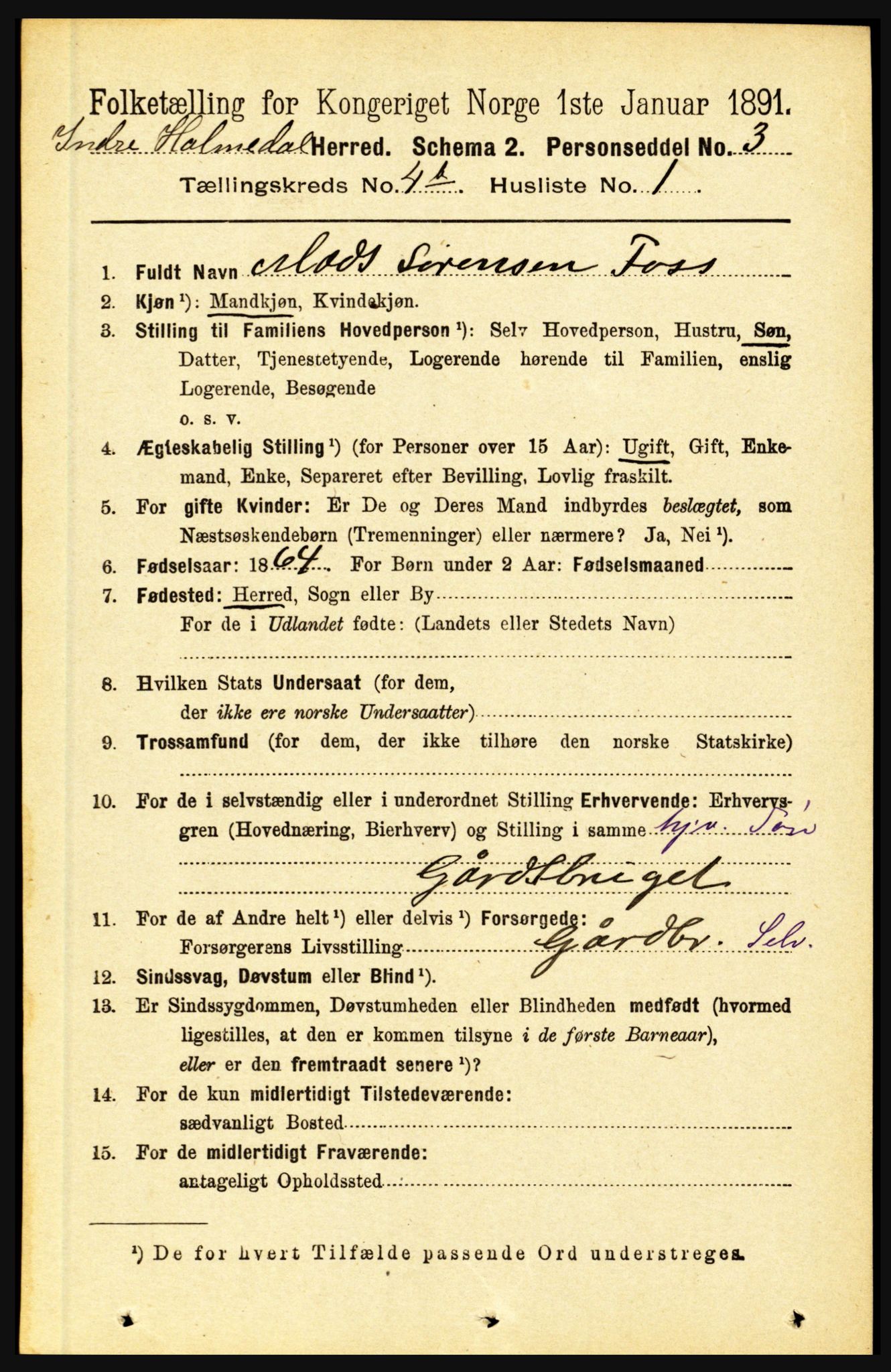 RA, 1891 census for 1430 Indre Holmedal, 1891, p. 1454