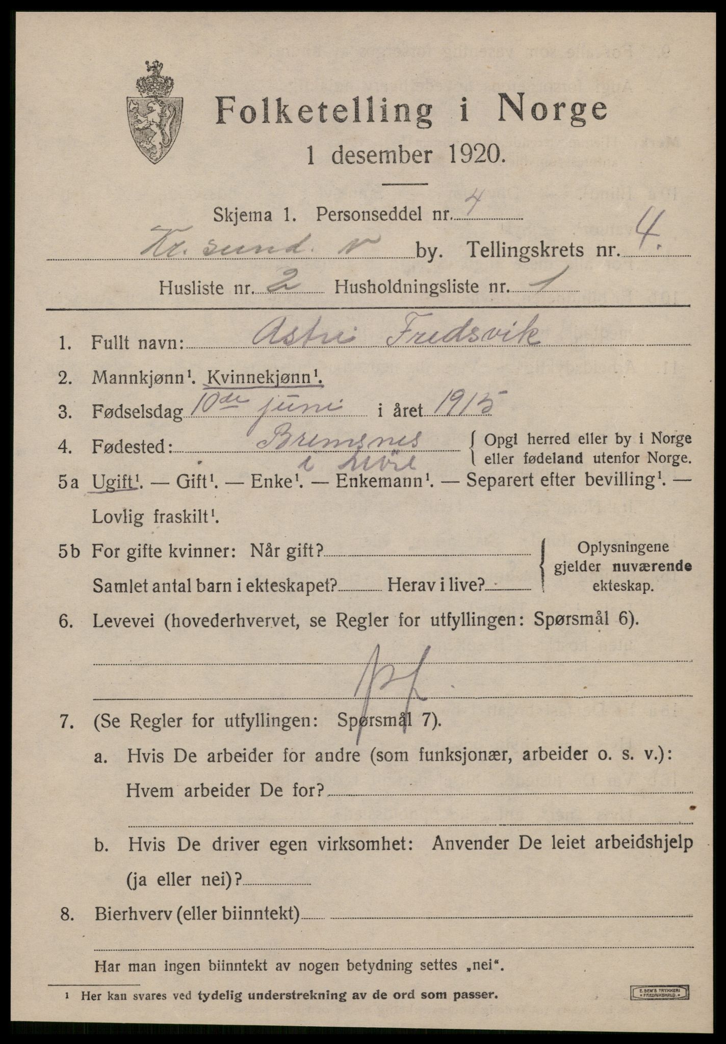 SAT, 1920 census for Kristiansund, 1920, p. 14929