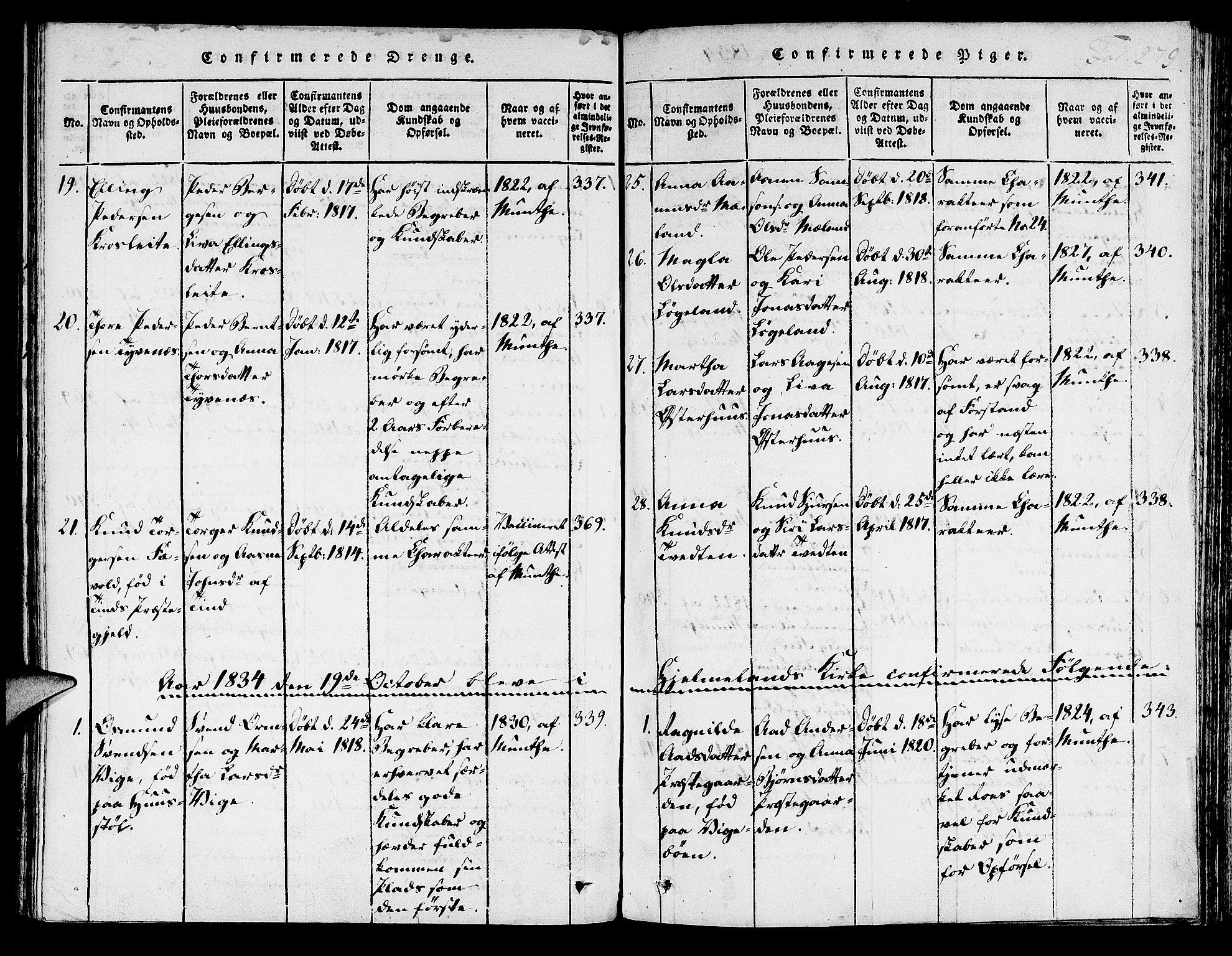 Hjelmeland sokneprestkontor, AV/SAST-A-101843/01/IV/L0003: Parish register (official) no. A 3, 1816-1834, p. 279