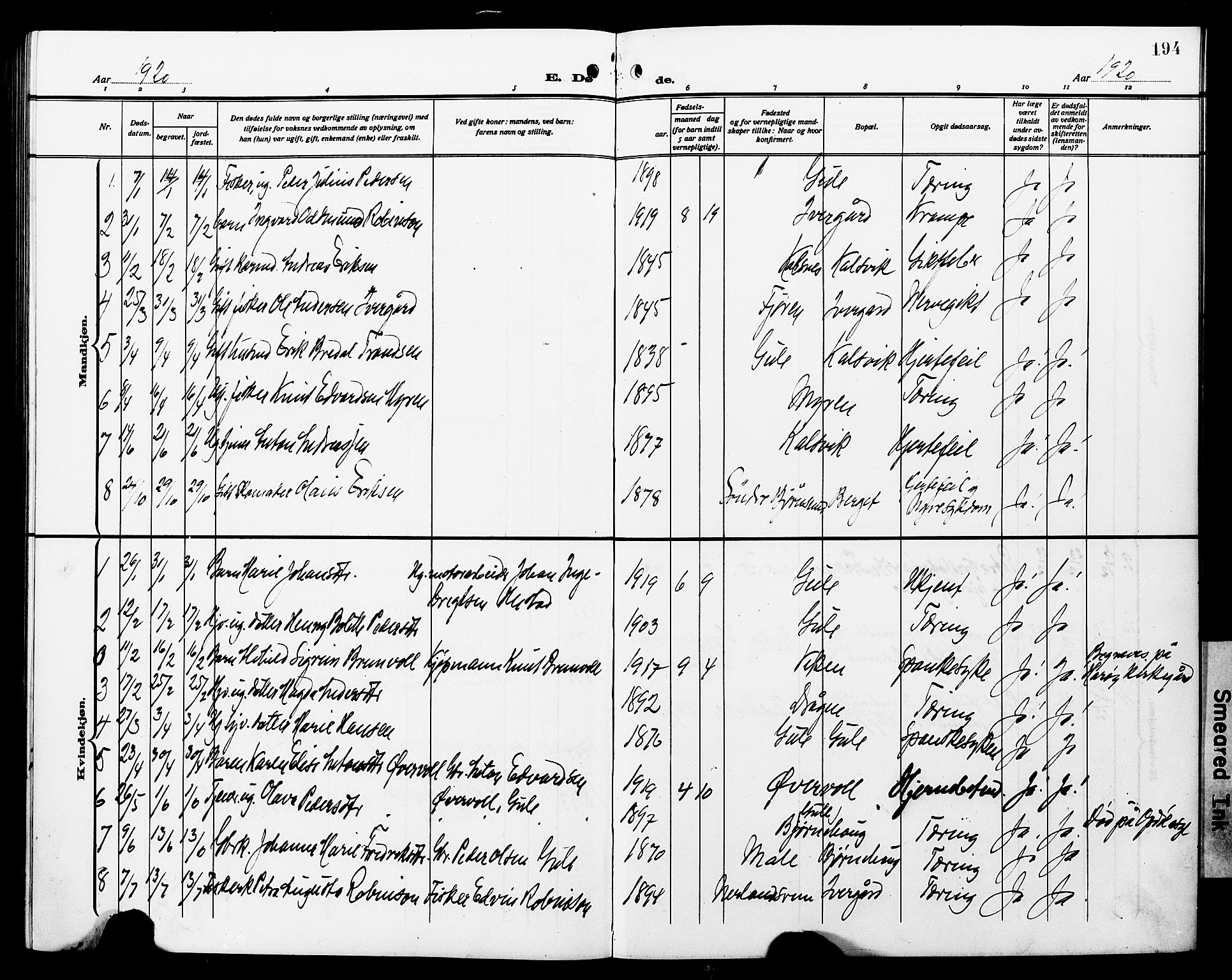 Ministerialprotokoller, klokkerbøker og fødselsregistre - Møre og Romsdal, SAT/A-1454/566/L0774: Parish register (copy) no. 566C03, 1910-1929, p. 194