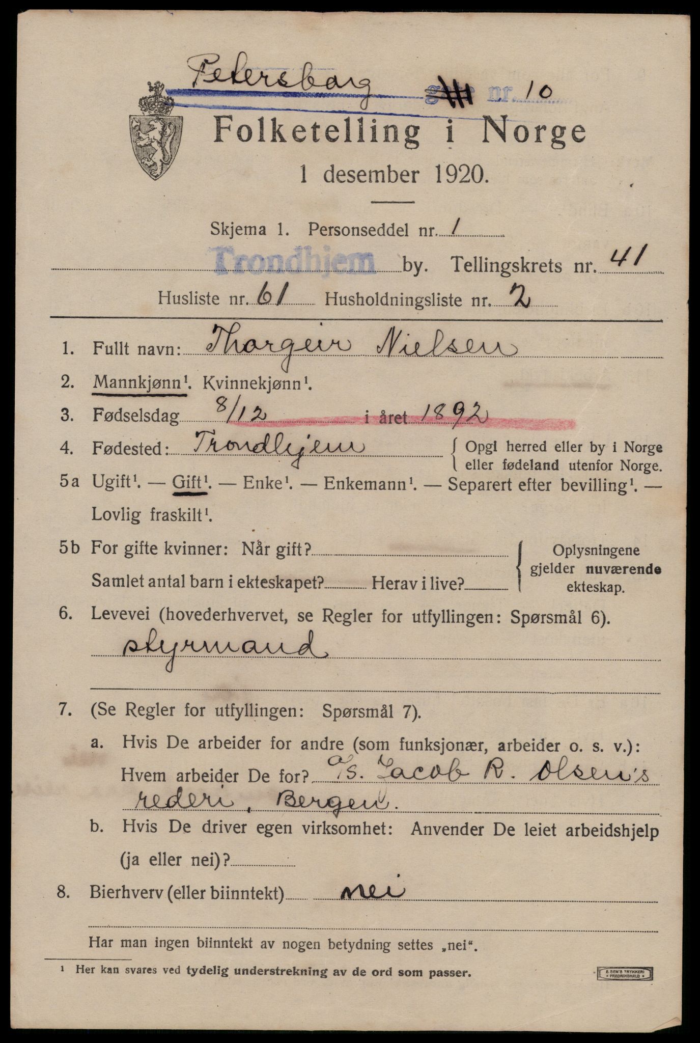 SAT, 1920 census for Trondheim, 1920, p. 92066