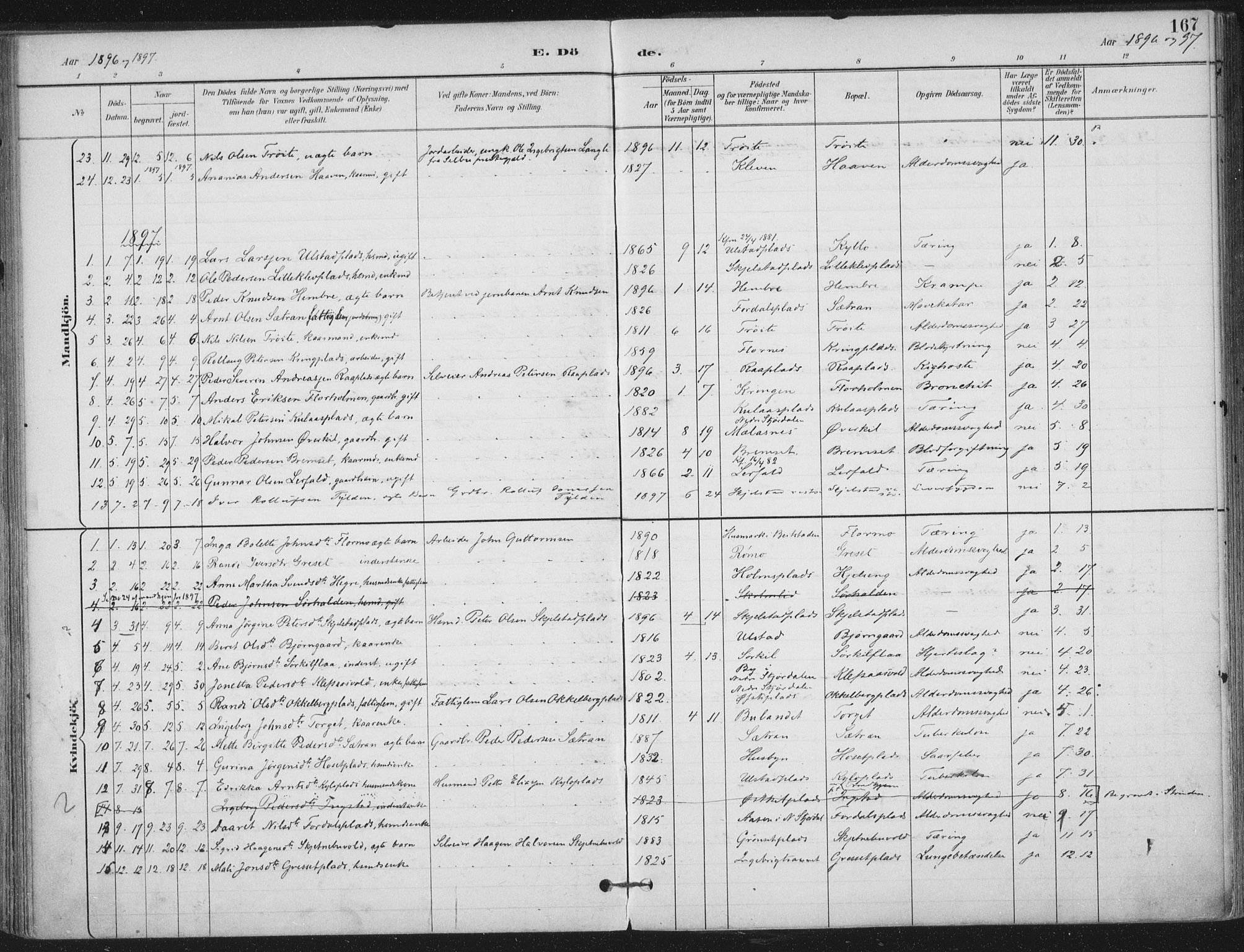 Ministerialprotokoller, klokkerbøker og fødselsregistre - Nord-Trøndelag, SAT/A-1458/703/L0031: Parish register (official) no. 703A04, 1893-1914, p. 167