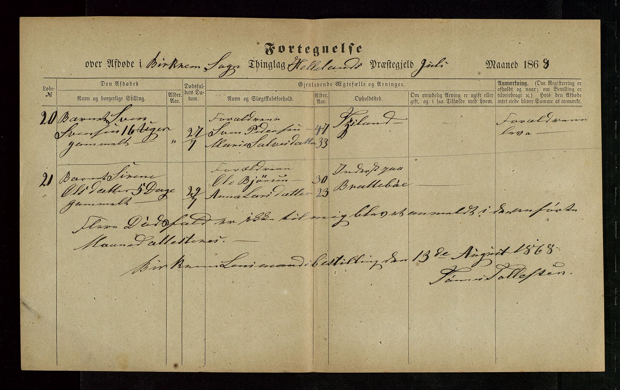 Jæren og Dalane sorenskriveri, AV/SAST-A-100306/5/52AB/L0004: DØDSFALL-LISTER DALANE, 1865-1868, p. 46