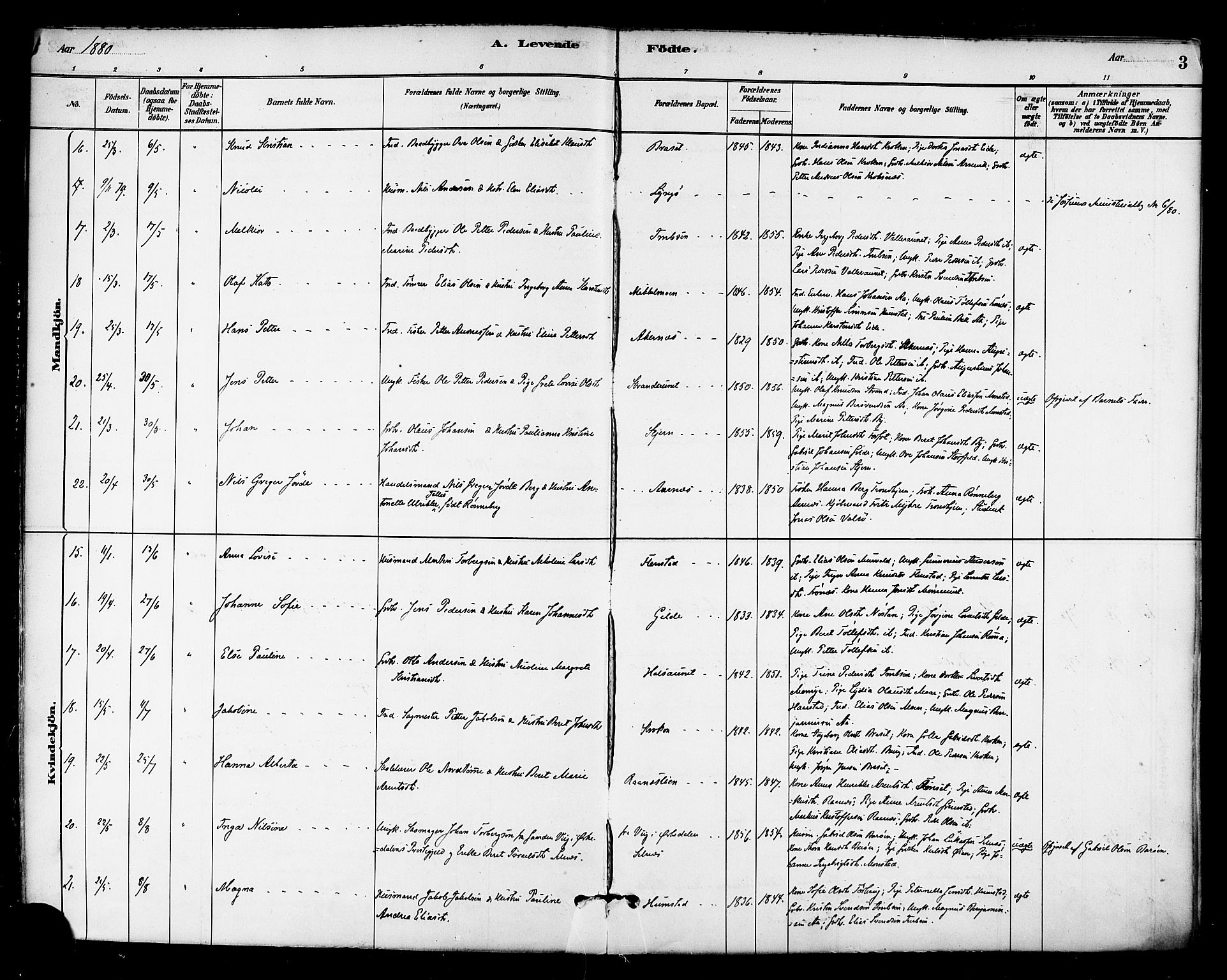 Ministerialprotokoller, klokkerbøker og fødselsregistre - Sør-Trøndelag, AV/SAT-A-1456/655/L0680: Parish register (official) no. 655A09, 1880-1894, p. 3