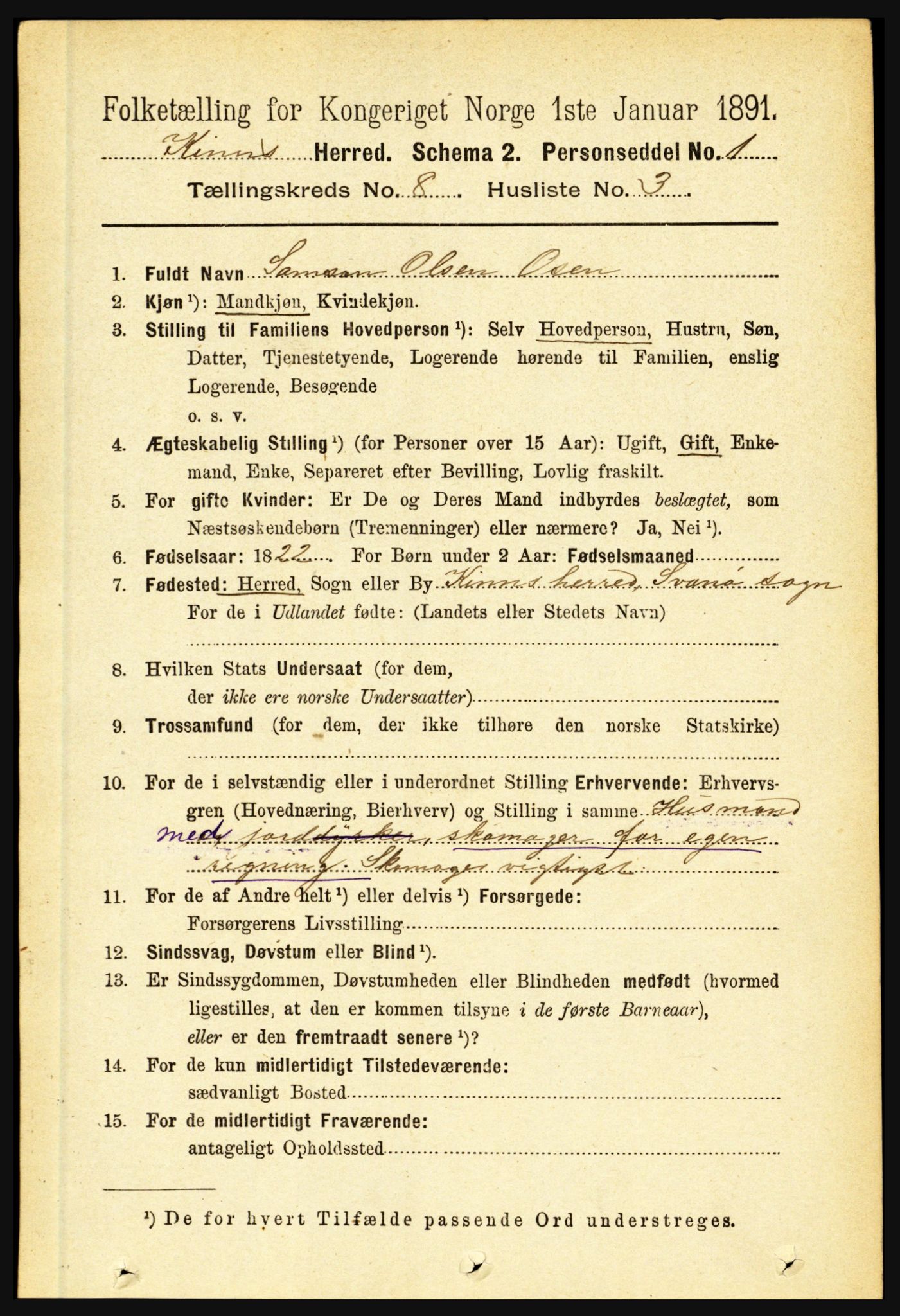 RA, 1891 census for 1437 Kinn, 1891, p. 3121
