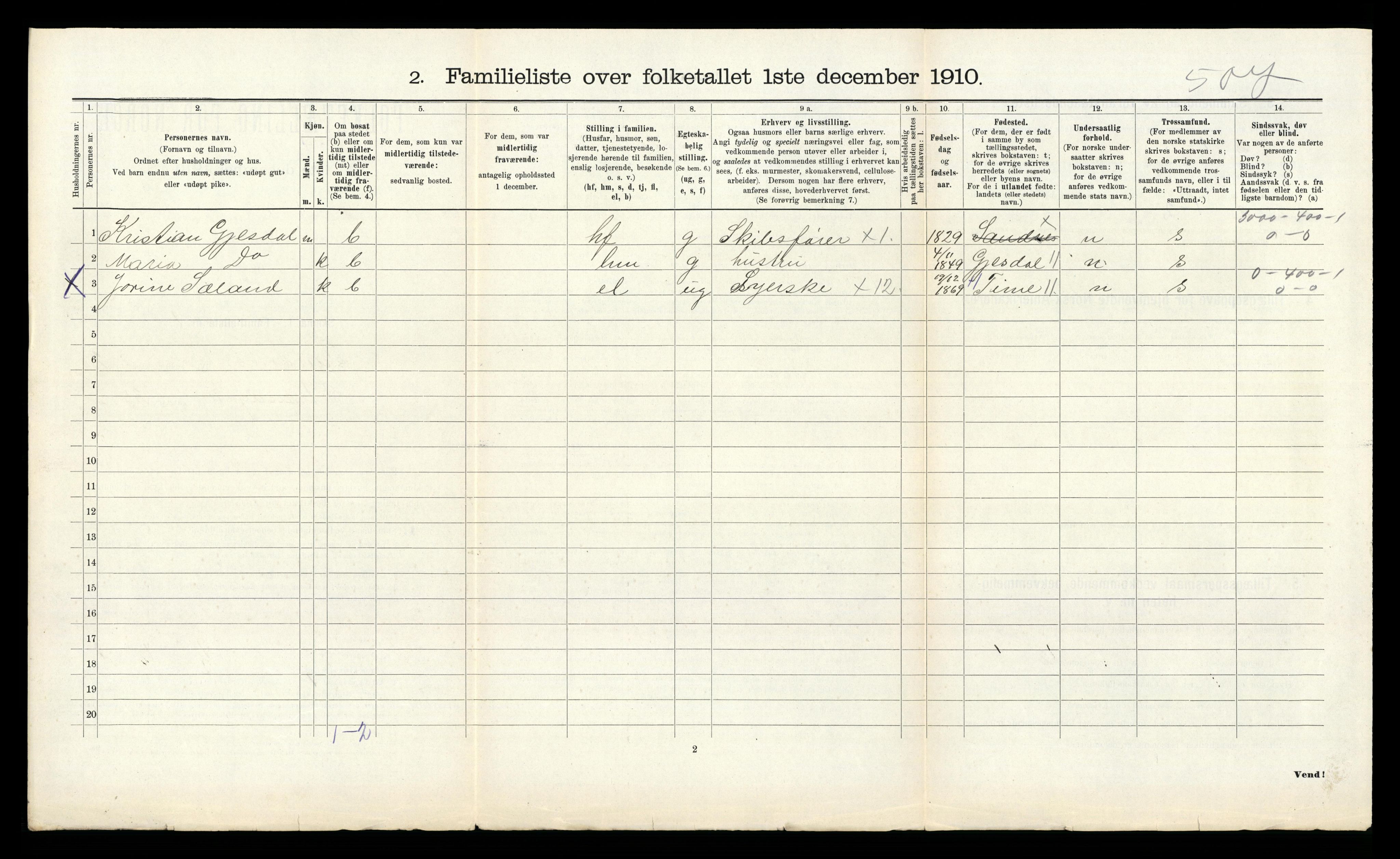 RA, 1910 census for Sandnes, 1910, p. 293