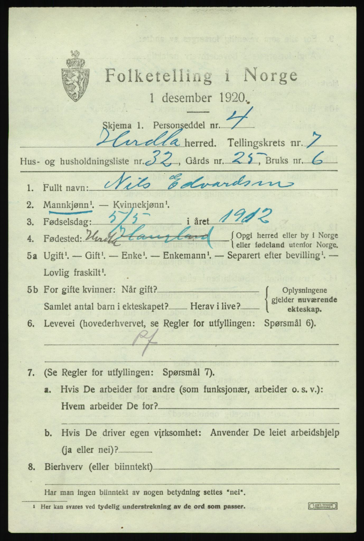 SAB, 1920 census for Herdla, 1920, p. 5295