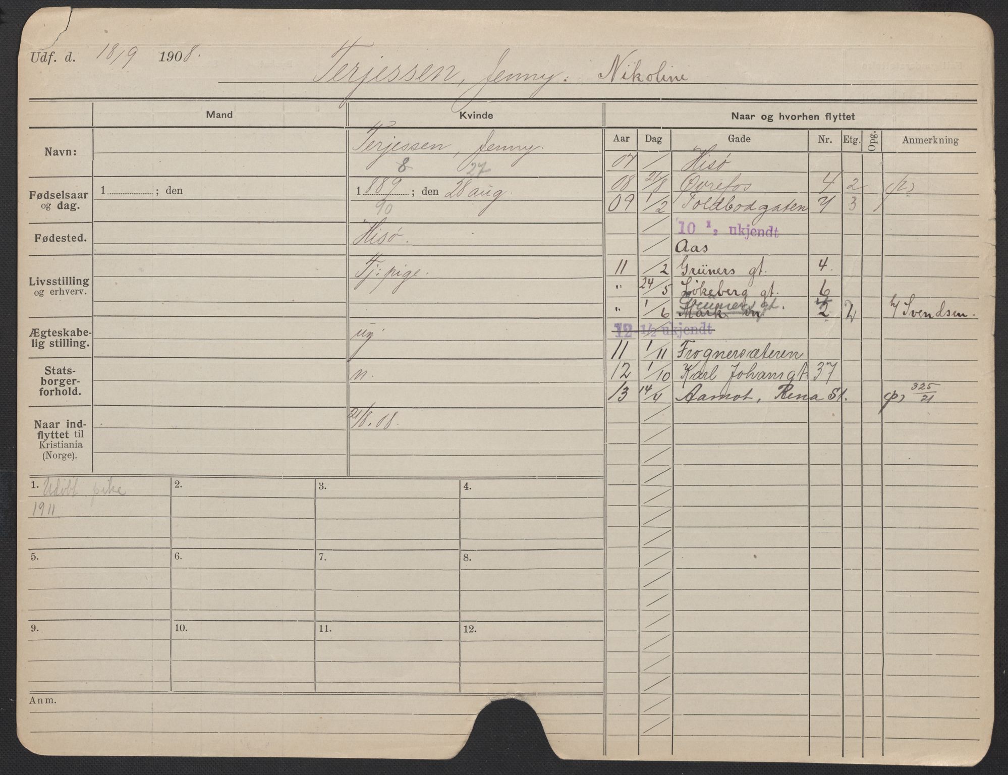 Oslo folkeregister, Registerkort, AV/SAO-A-11715/F/Fa/Fac/L0024: Kvinner, 1906-1914, p. 1075a