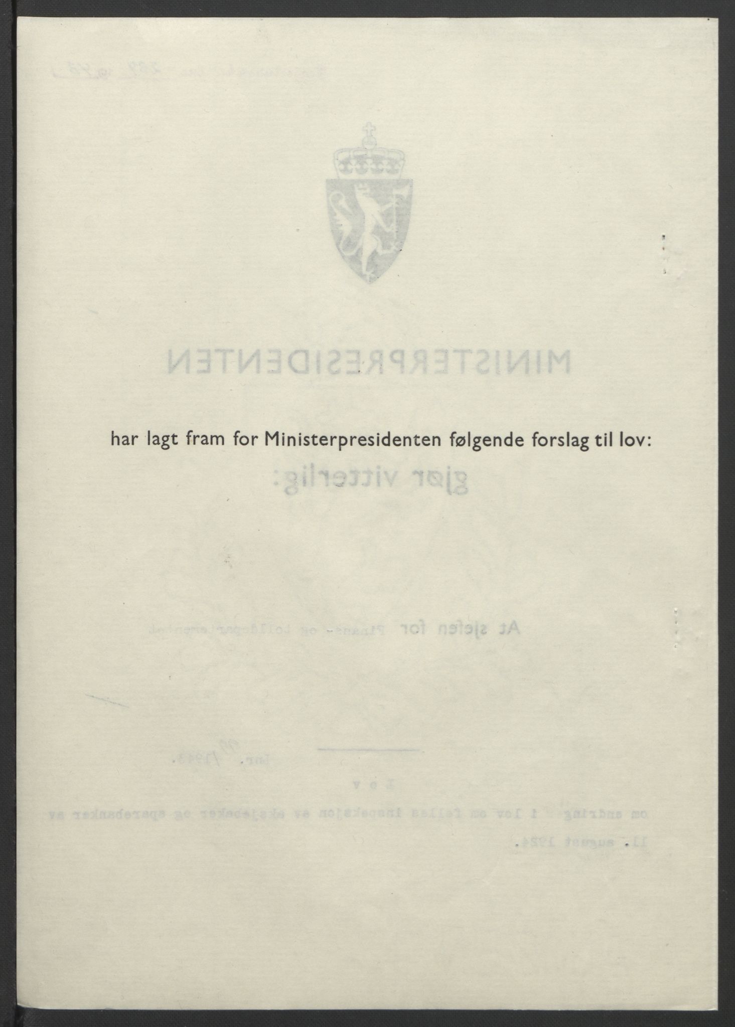 NS-administrasjonen 1940-1945 (Statsrådsekretariatet, de kommisariske statsråder mm), AV/RA-S-4279/D/Db/L0099: Lover, 1943, p. 453