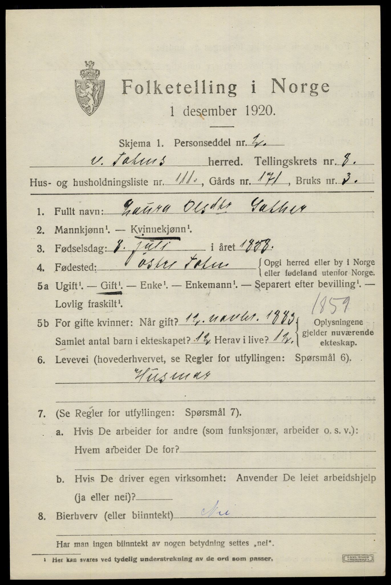 SAH, 1920 census for Vestre Toten, 1920, p. 11112