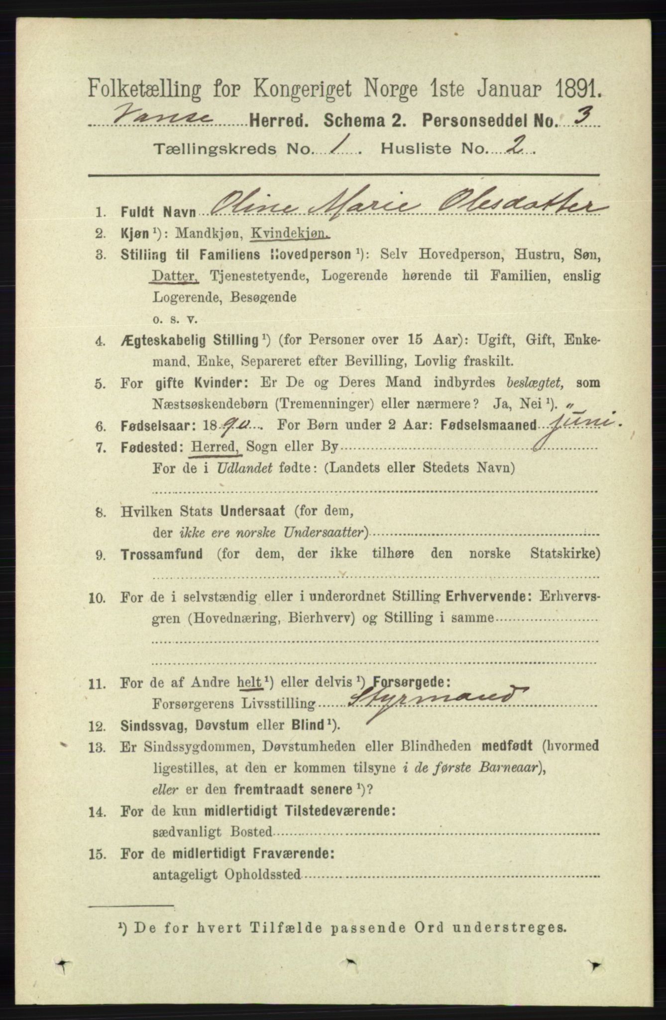 RA, 1891 census for 1041 Vanse, 1891, p. 140