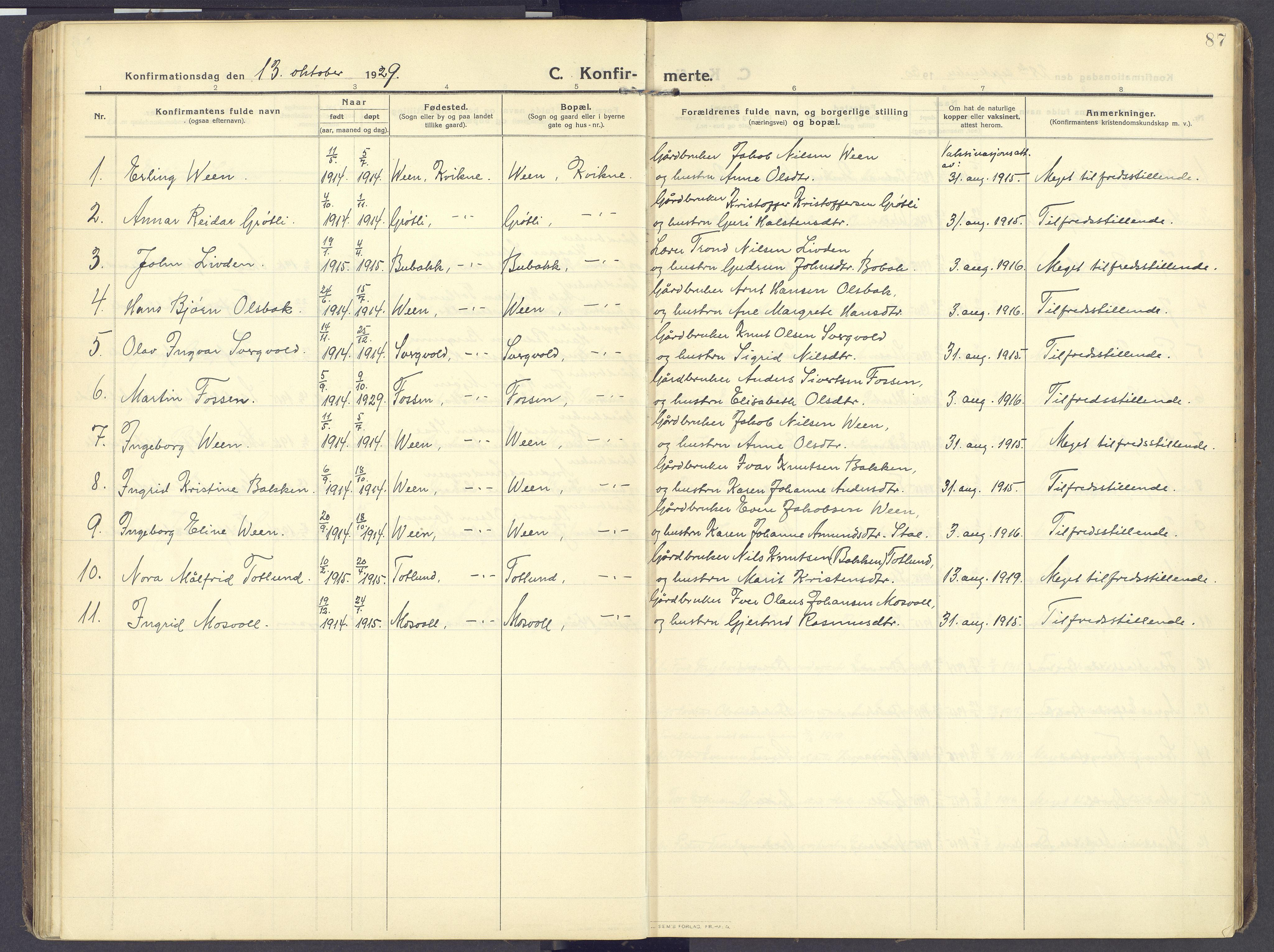 Kvikne prestekontor, SAH/PREST-064/H/Ha/Haa/L0009: Parish register (official) no. 9, 1911-1942, p. 87