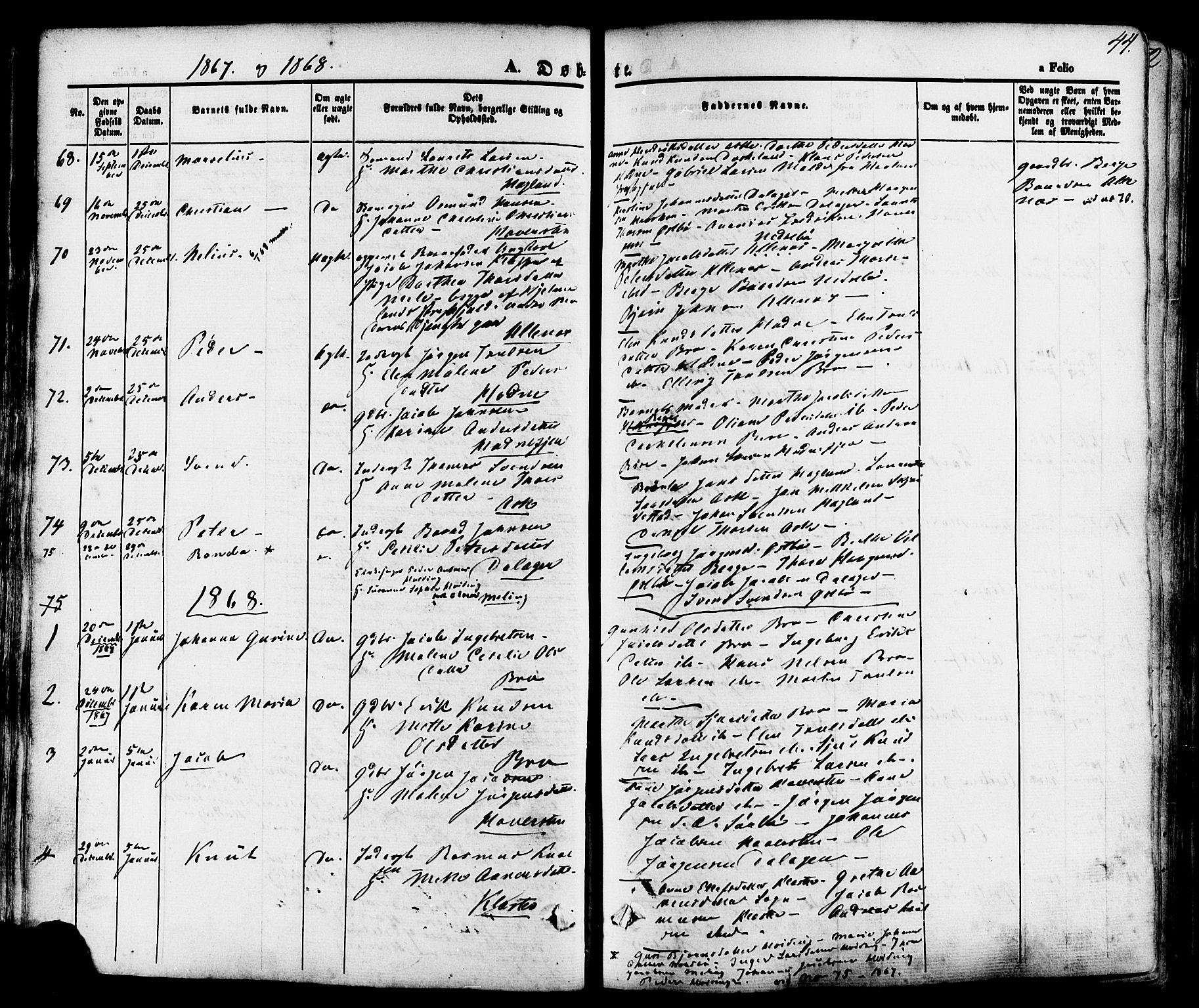 Rennesøy sokneprestkontor, SAST/A -101827/H/Ha/Haa/L0006: Parish register (official) no. A 6, 1860-1878, p. 44