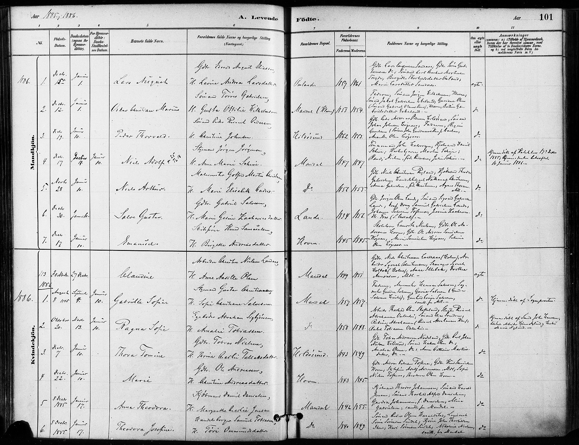 Mandal sokneprestkontor, AV/SAK-1111-0030/F/Fa/Faa/L0016: Parish register (official) no. A 16, 1880-1890, p. 101