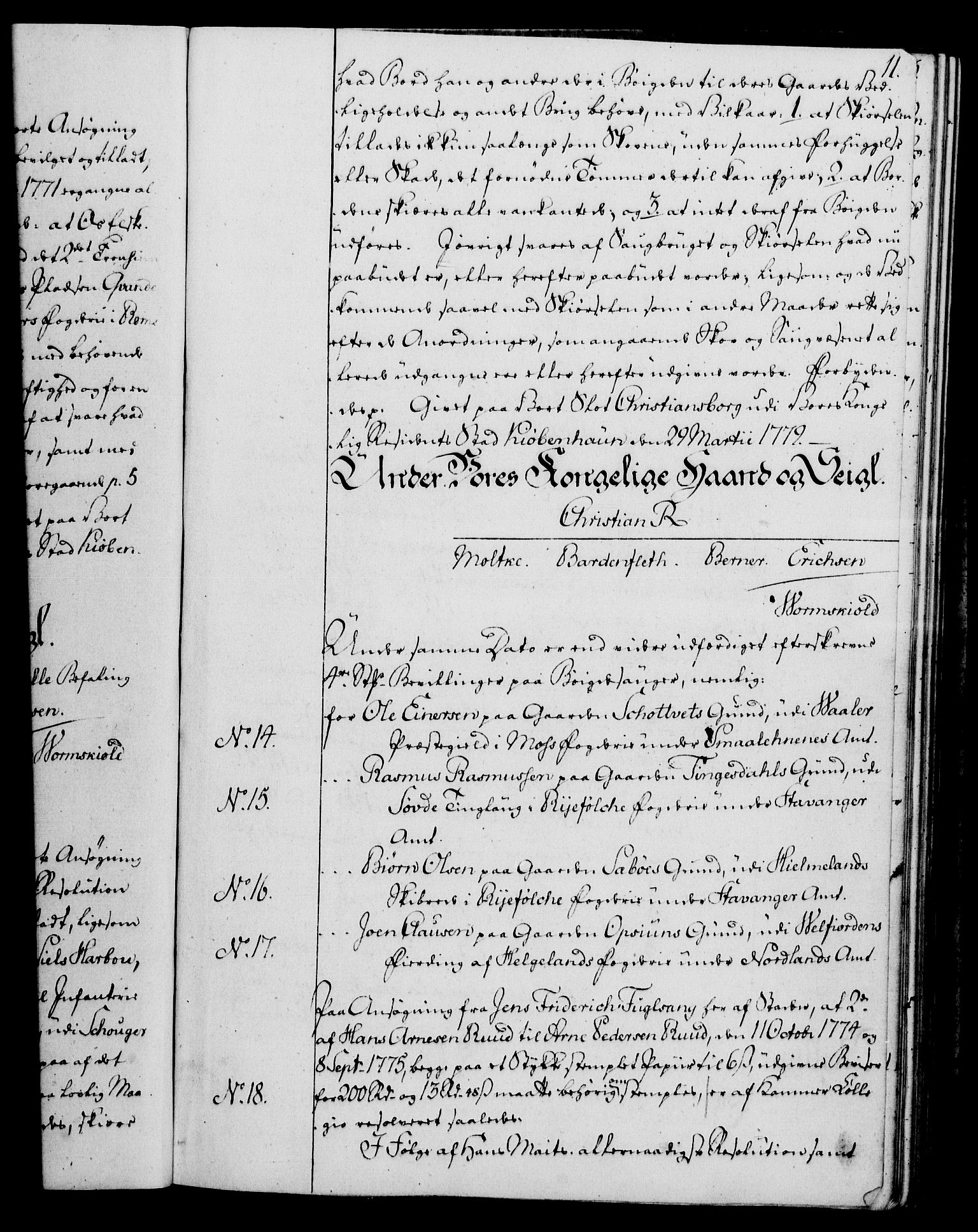 Rentekammeret, Kammerkanselliet, AV/RA-EA-3111/G/Gg/Gga/L0011: Norsk ekspedisjonsprotokoll med register (merket RK 53.11), 1779-1781, p. 11