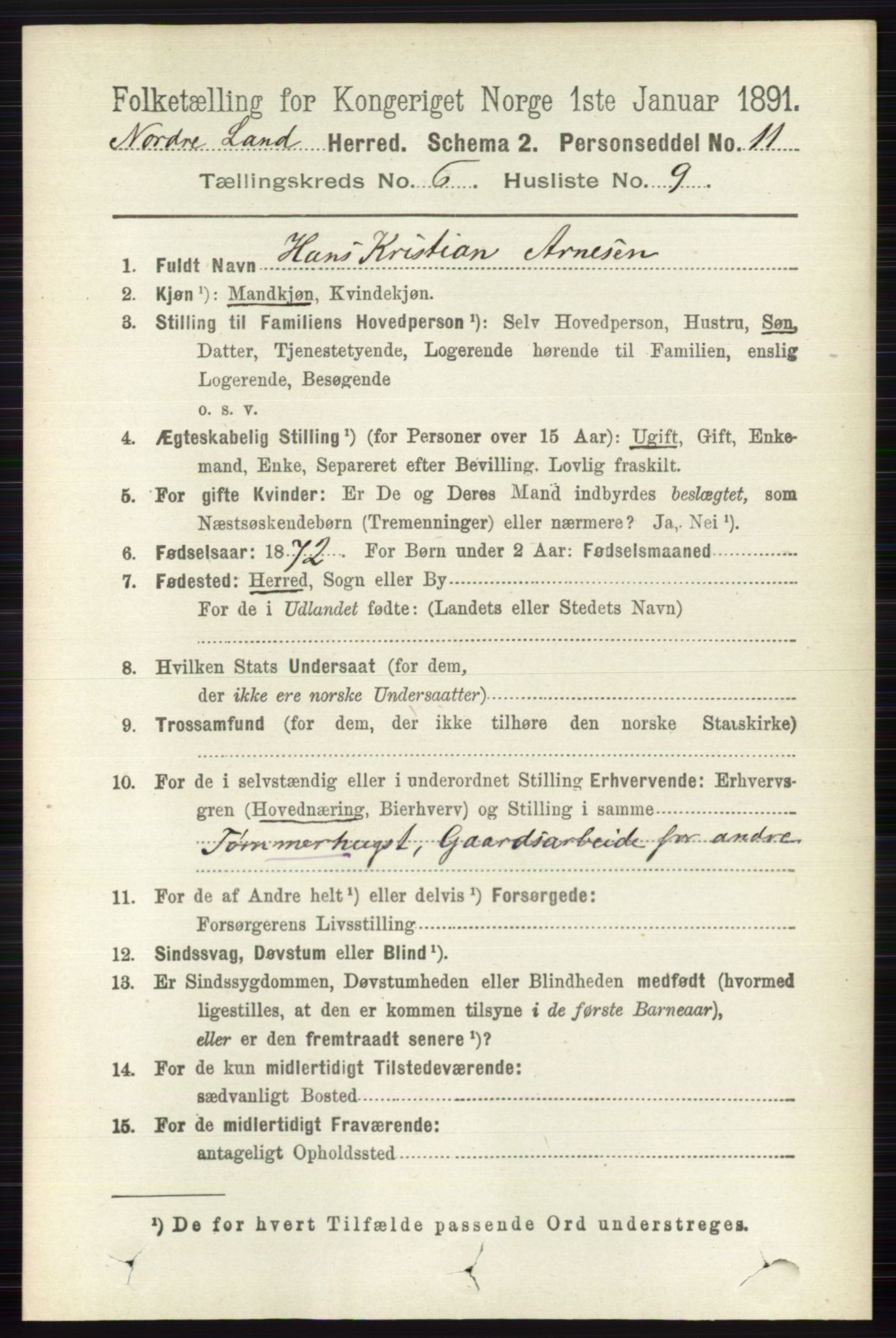 RA, 1891 census for 0538 Nordre Land, 1891, p. 1863