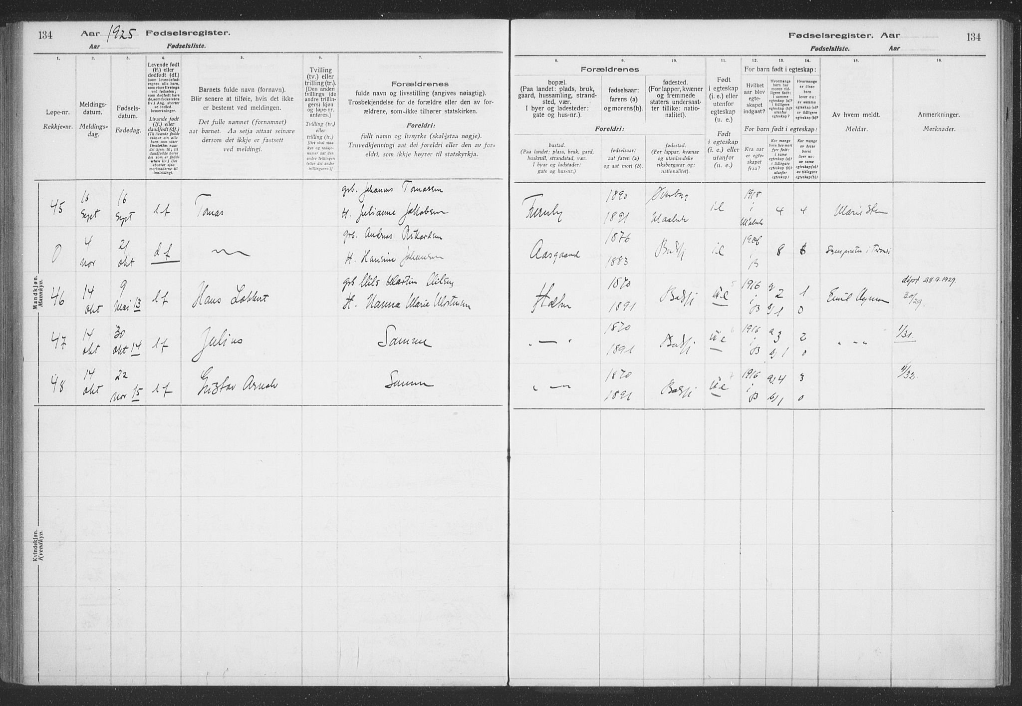 Balsfjord sokneprestembete, SATØ/S-1303/H/Hb/L0059: Birth register no. 59, 1916-1930, p. 134