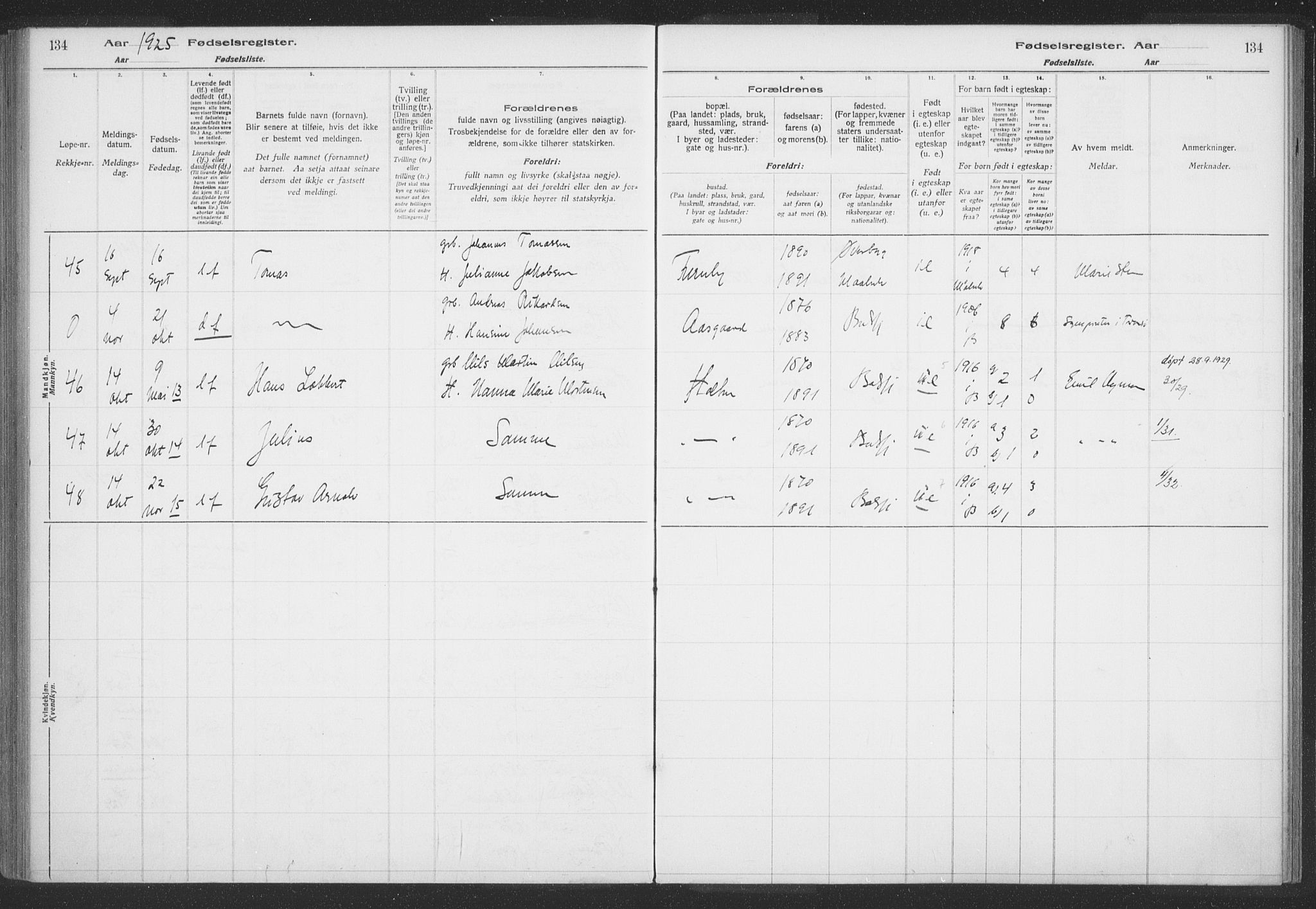 Balsfjord sokneprestembete, AV/SATØ-S-1303/H/Hb/L0059: Birth register no. 59, 1916-1930, p. 134