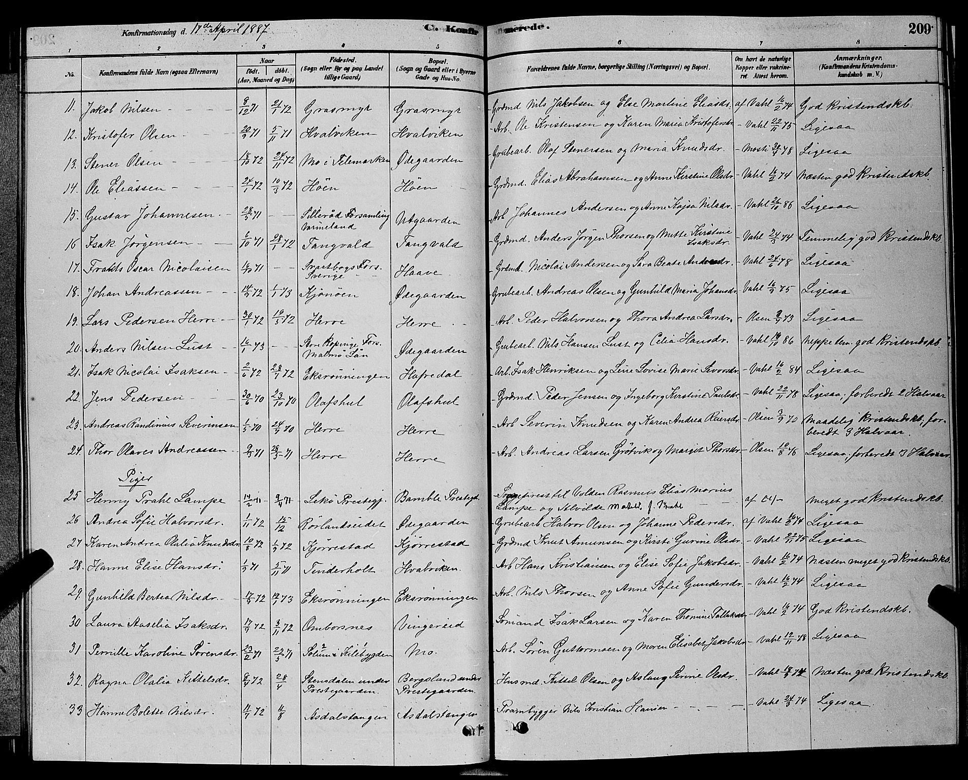 Bamble kirkebøker, AV/SAKO-A-253/G/Ga/L0008: Parish register (copy) no. I 8, 1878-1888, p. 209