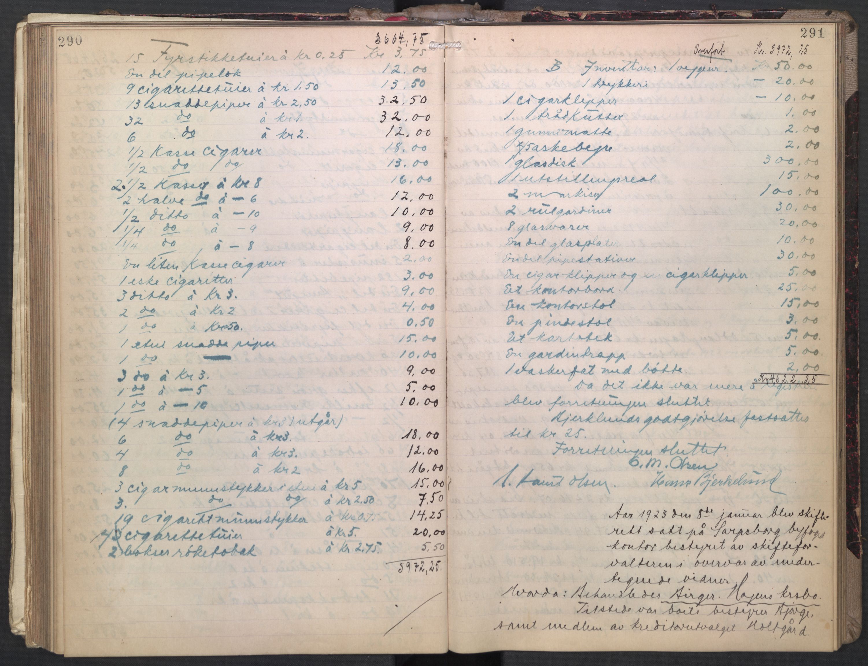 Sarpsborg byfogd, AV/SAO-A-10864/H/Hb/L0009: Skifteprotokoll, 1921-1924, p. 290-291