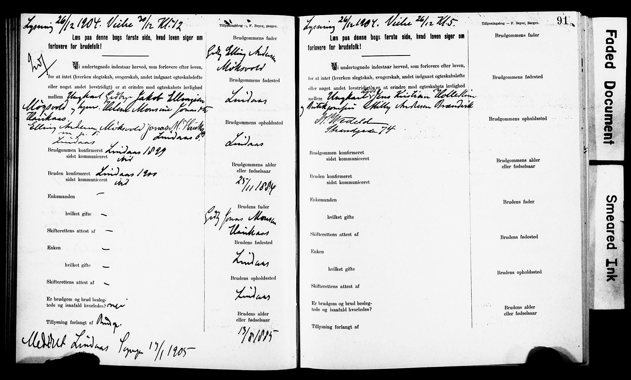 Korskirken sokneprestembete, AV/SAB-A-76101: Best man's statements no. II.5.8, 1903-1908, p. 91