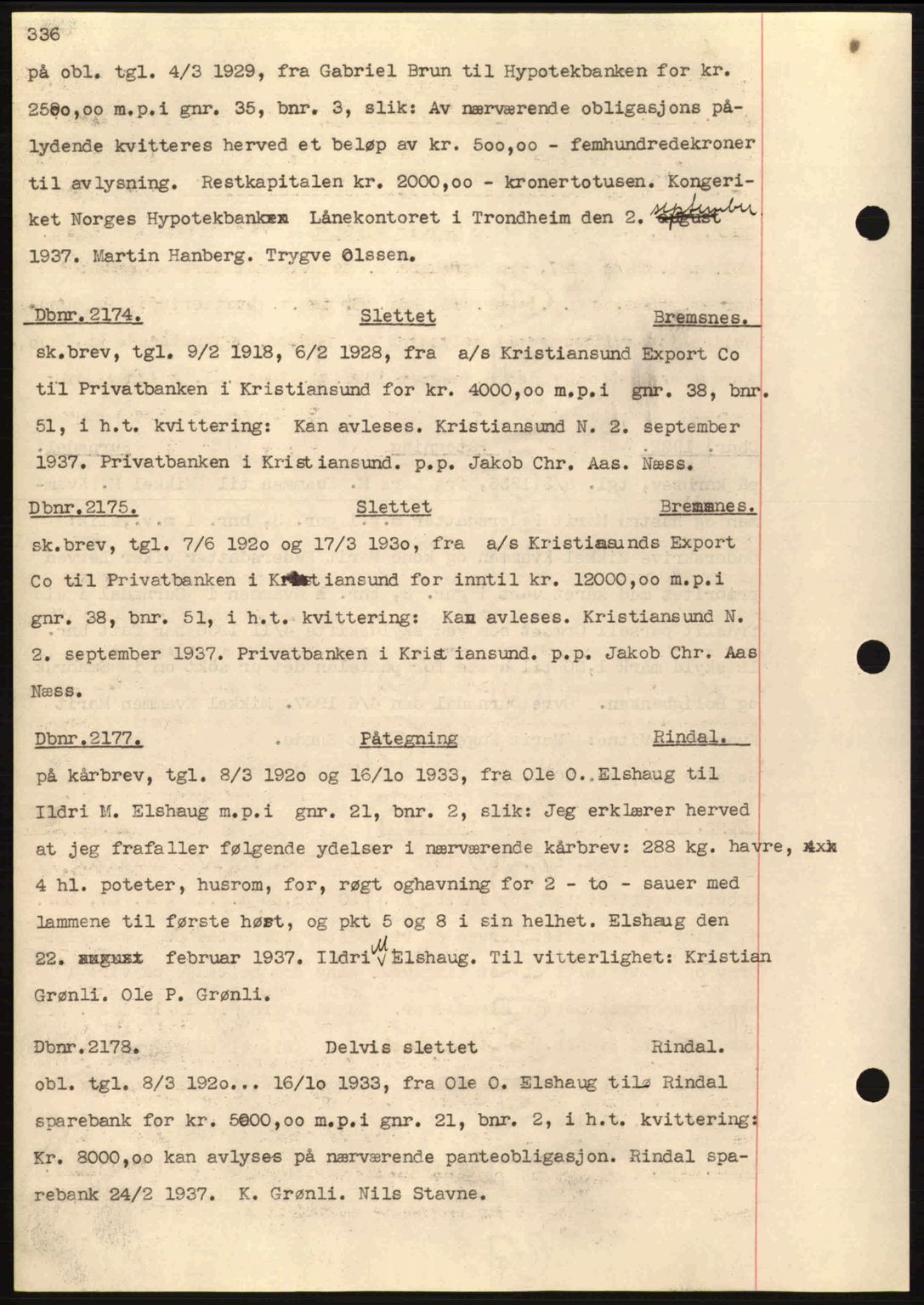 Nordmøre sorenskriveri, AV/SAT-A-4132/1/2/2Ca: Mortgage book no. C80, 1936-1939, Diary no: : 2174/1937