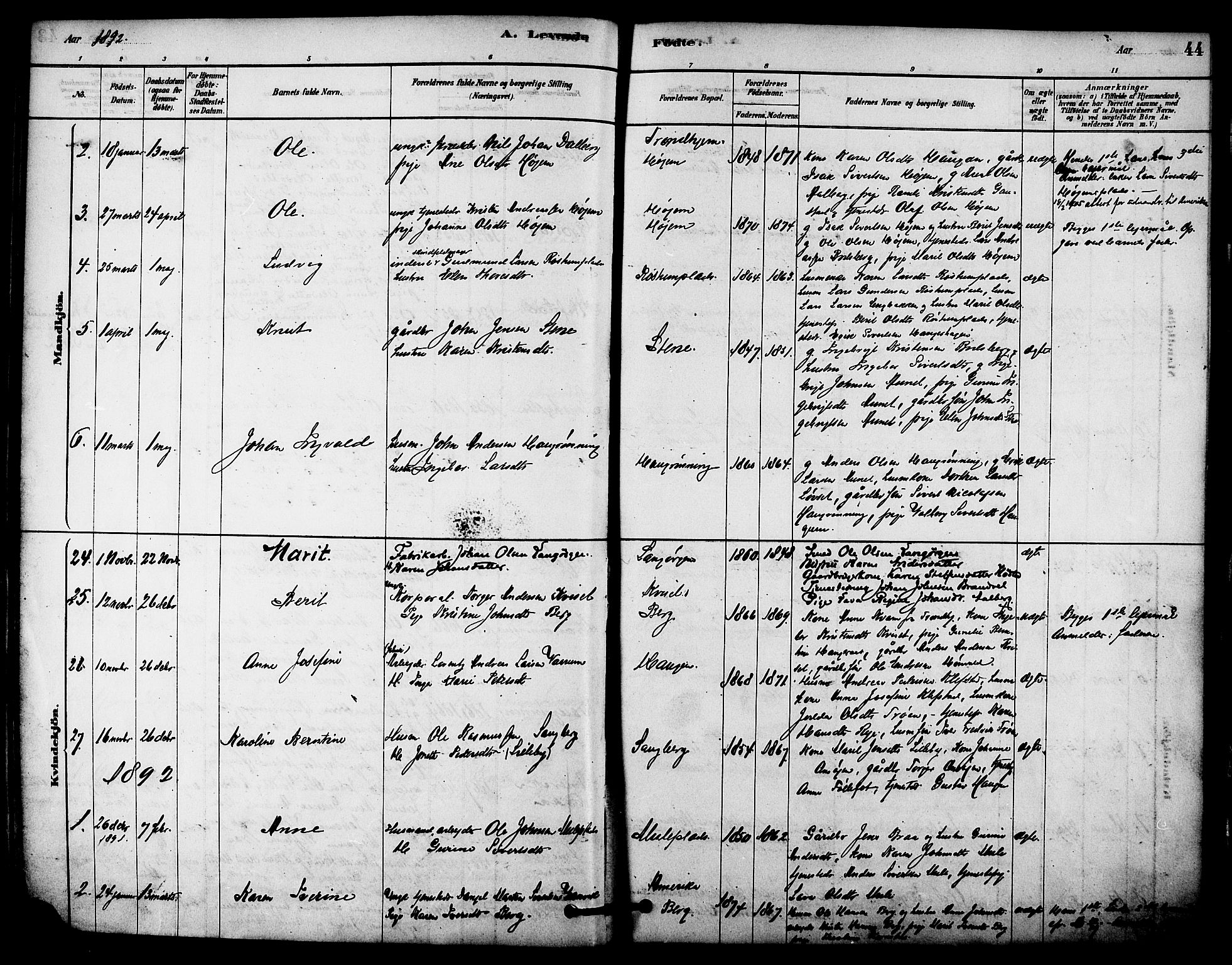 Ministerialprotokoller, klokkerbøker og fødselsregistre - Sør-Trøndelag, SAT/A-1456/612/L0378: Parish register (official) no. 612A10, 1878-1897, p. 44