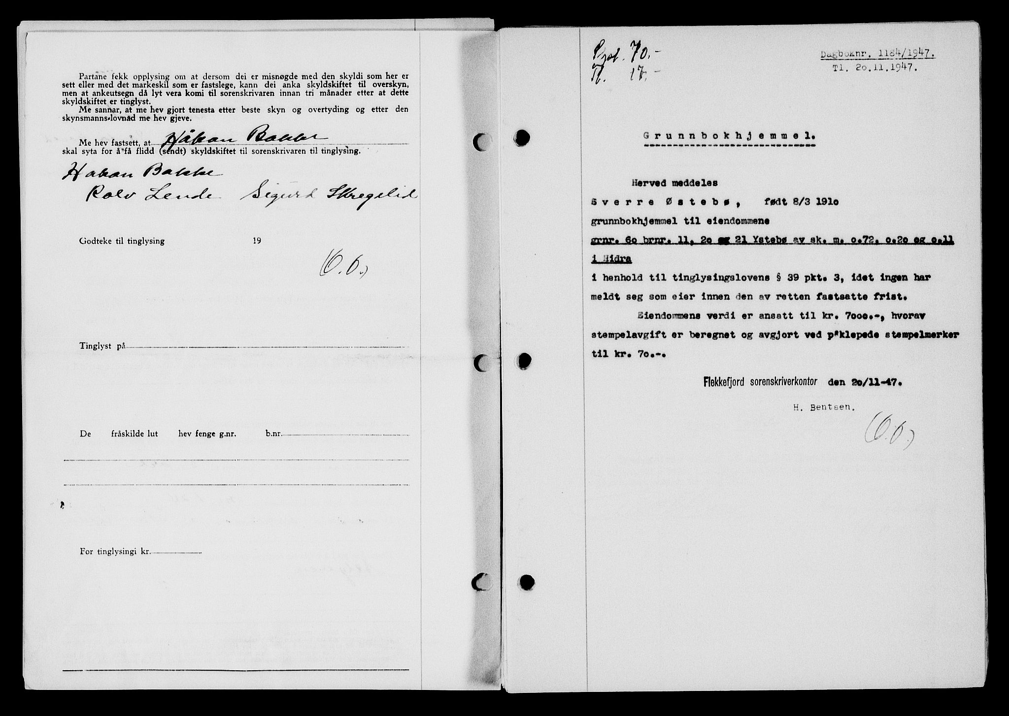 Flekkefjord sorenskriveri, SAK/1221-0001/G/Gb/Gba/L0063: Mortgage book no. A-11, 1947-1948, Diary no: : 1184/1947