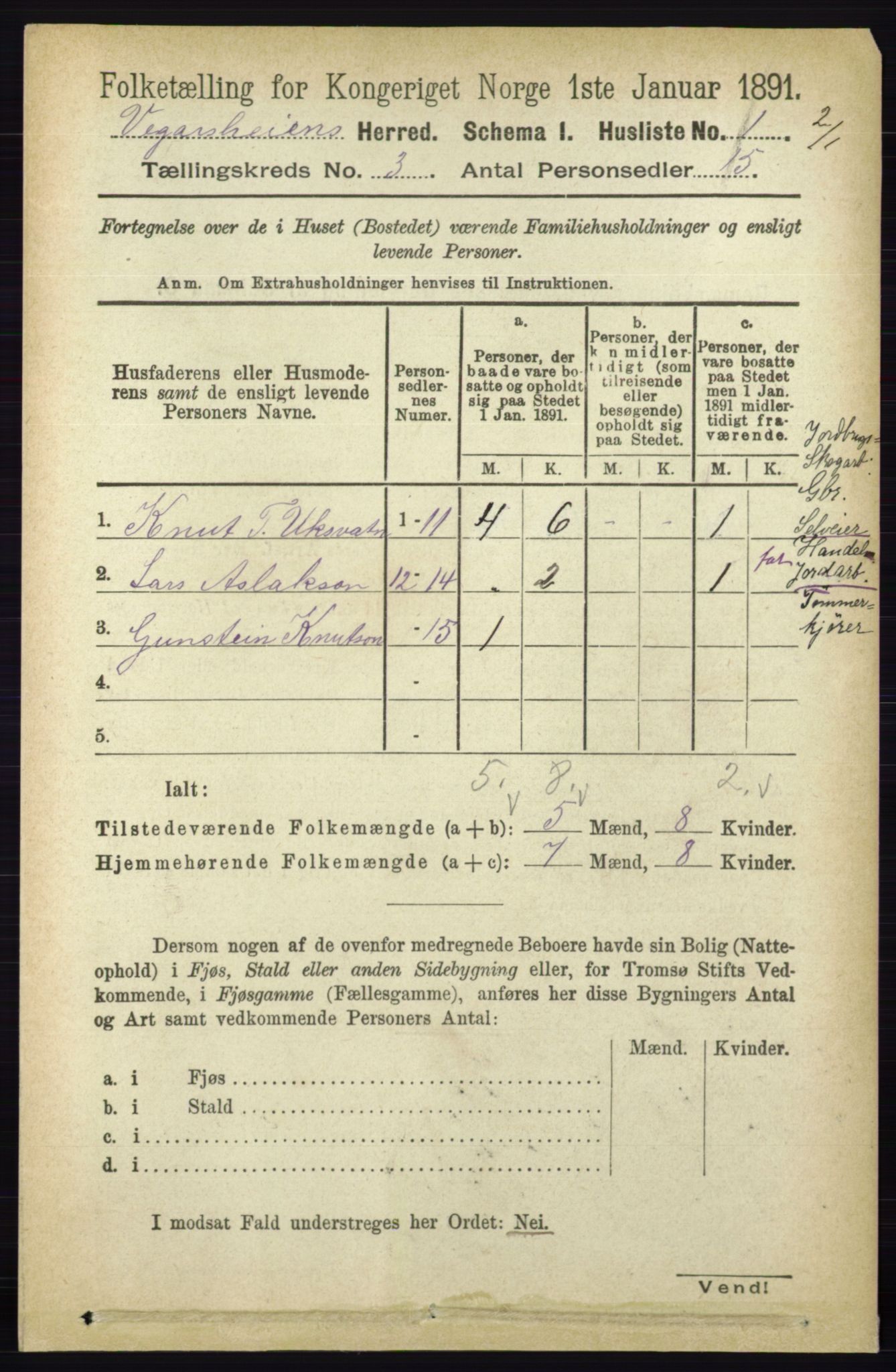RA, 1891 census for 0912 Vegårshei, 1891, p. 603