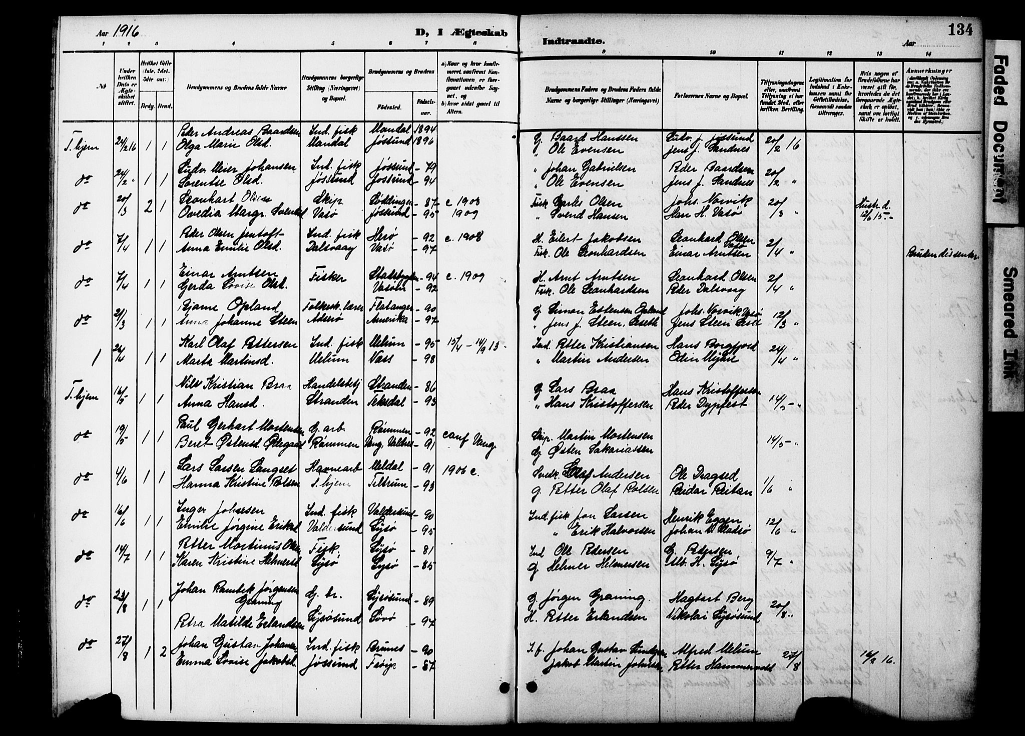 Ministerialprotokoller, klokkerbøker og fødselsregistre - Sør-Trøndelag, SAT/A-1456/654/L0666: Parish register (copy) no. 654C02, 1901-1925, p. 134