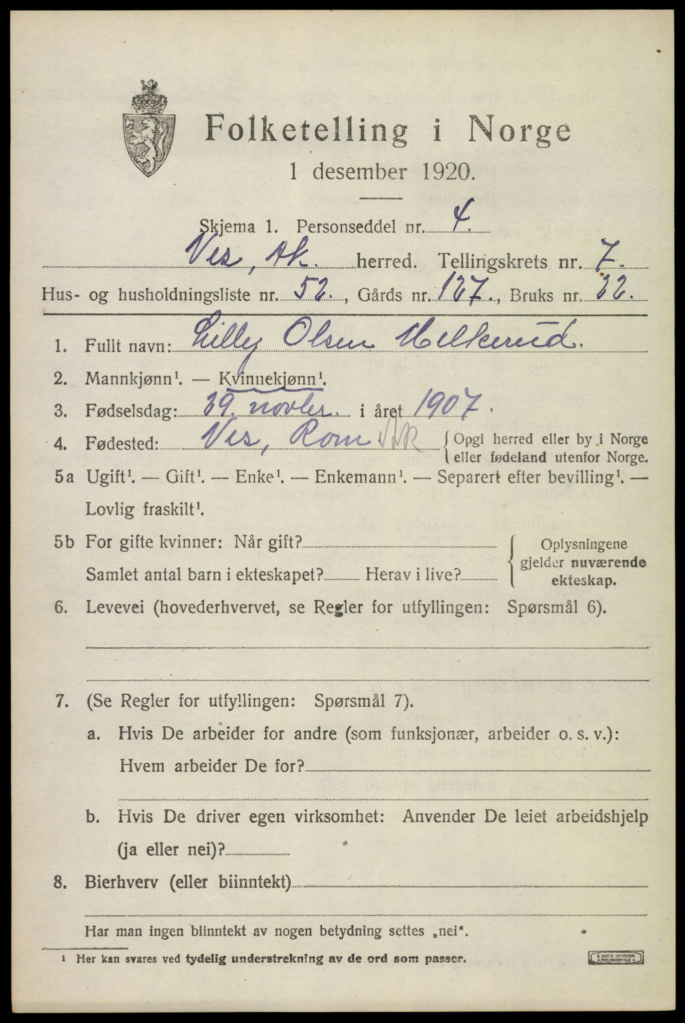 SAO, 1920 census for Nes, 1920, p. 8890