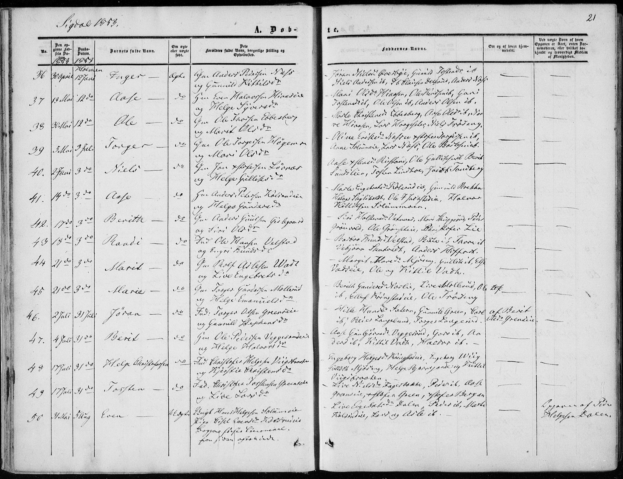 Sigdal kirkebøker, AV/SAKO-A-245/F/Fa/L0008: Parish register (official) no. I 8, 1850-1859, p. 21