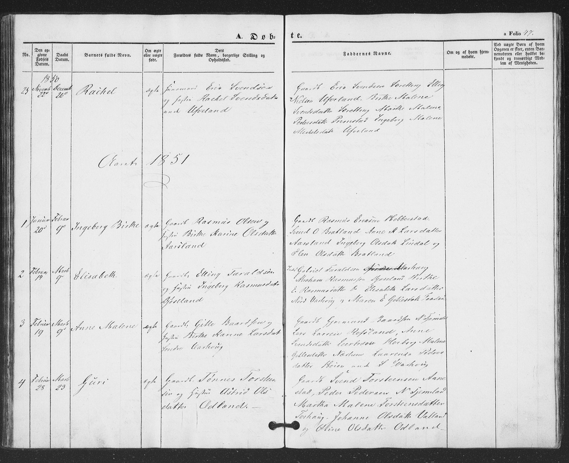 Hå sokneprestkontor, AV/SAST-A-101801/001/30BA/L0007: Parish register (official) no. A 6, 1842-1855, p. 47