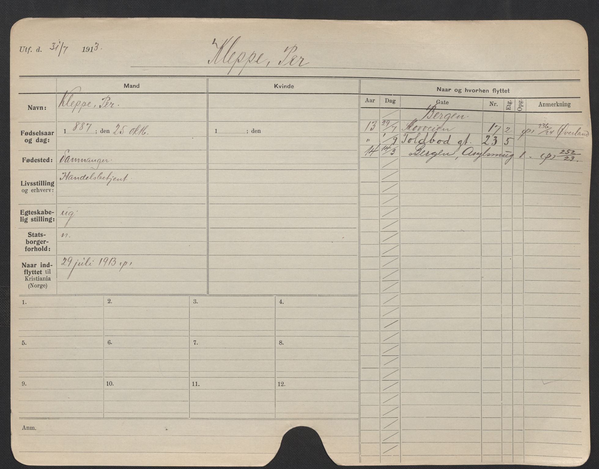 Oslo folkeregister, Registerkort, AV/SAO-A-11715/F/Fa/Fac/L0006: Menn, 1906-1914, p. 326a