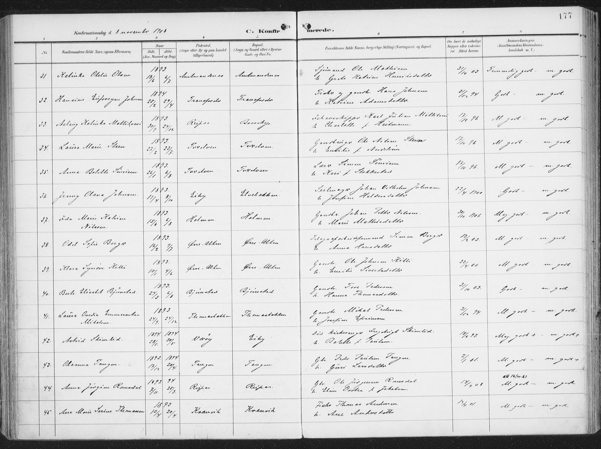Alta sokneprestkontor, SATØ/S-1338/H/Ha/L0005.kirke: Parish register (official) no. 5, 1904-1918, p. 177