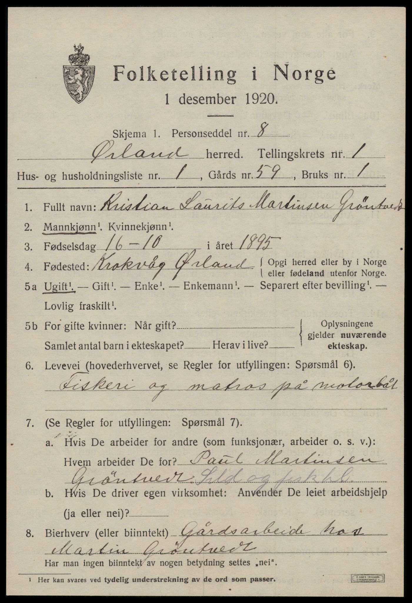 SAT, 1920 census for Ørland, 1920, p. 1357