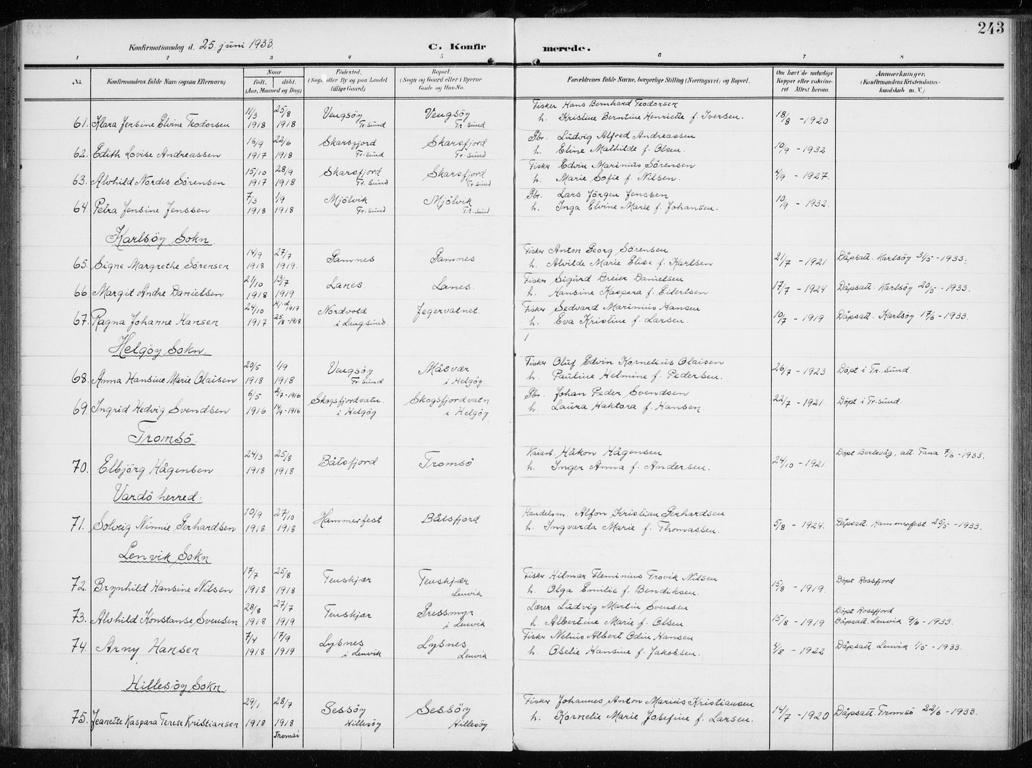 Tromsøysund sokneprestkontor, AV/SATØ-S-1304/G/Ga/L0007kirke: Parish register (official) no. 7, 1907-1914, p. 243