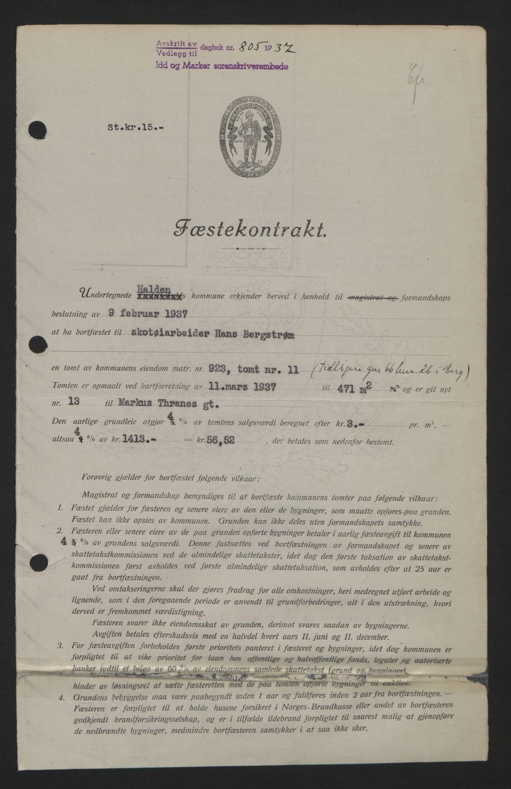 Idd og Marker sorenskriveri, AV/SAO-A-10283/G/Gb/Gbb/L0002: Mortgage book no. A2, 1937-1938, Diary no: : 805/1937