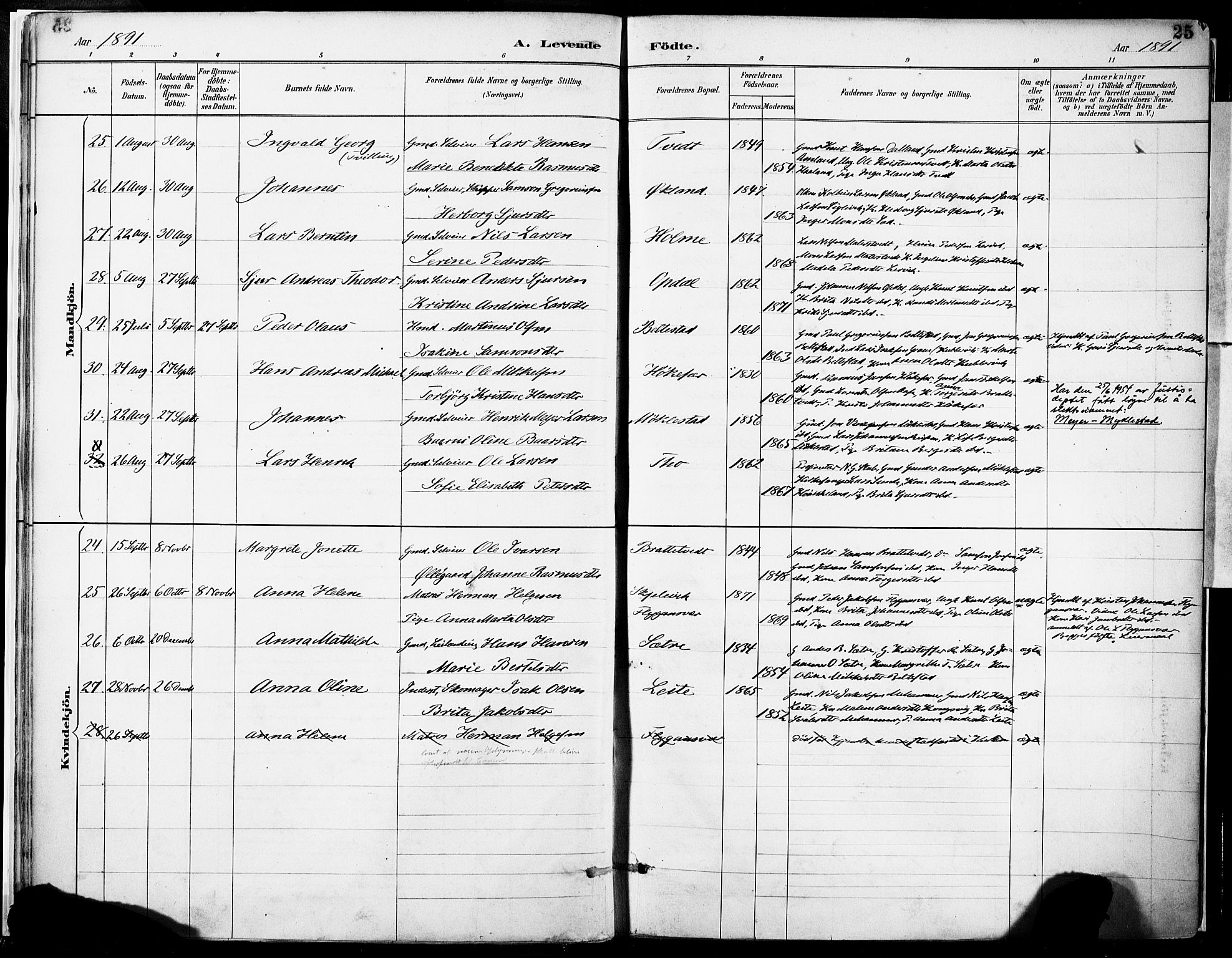 Tysnes sokneprestembete, SAB/A-78601/H/Haa: Parish register (official) no. D 1, 1887-1904, p. 25