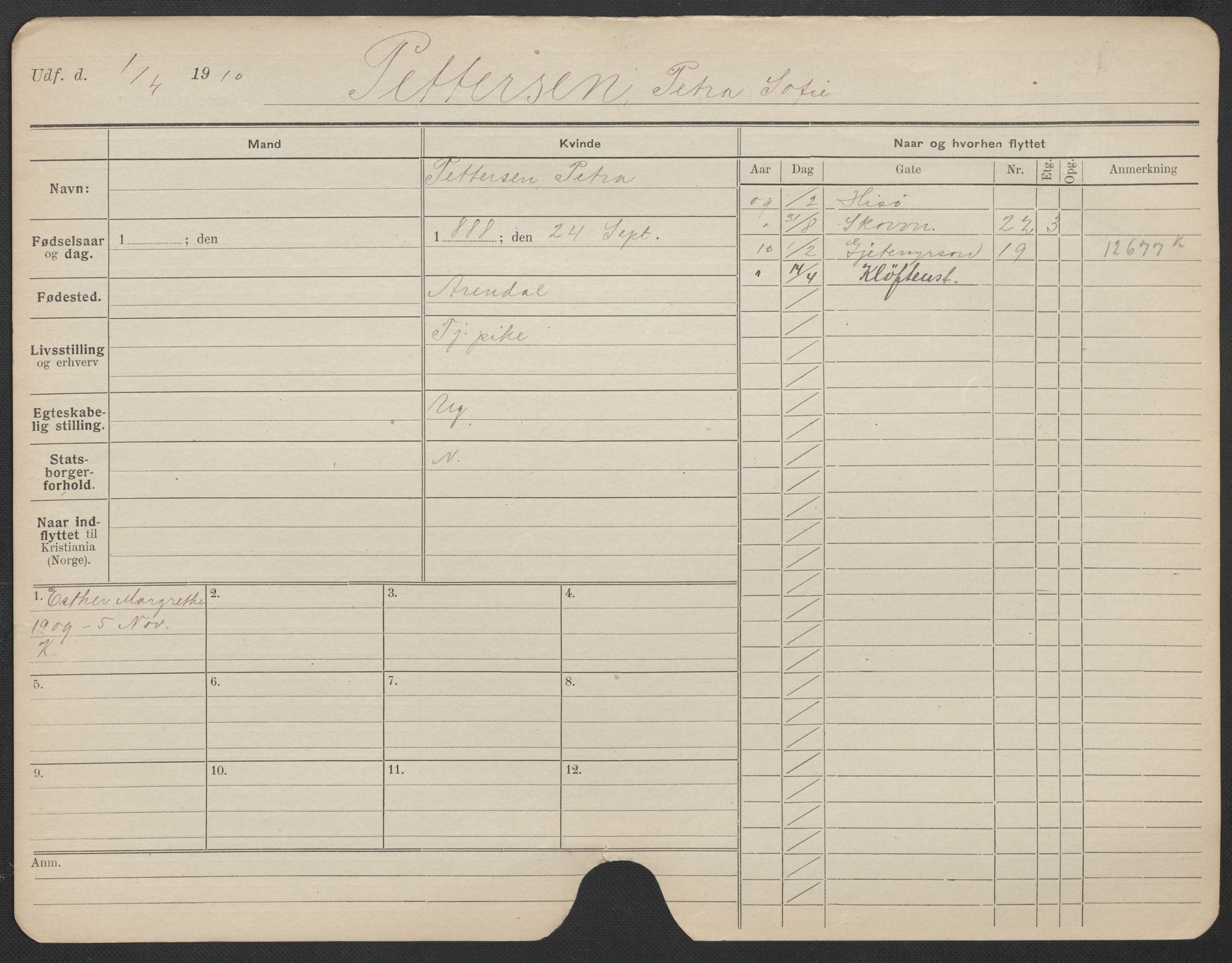 Oslo folkeregister, Registerkort, SAO/A-11715/F/Fa/Fac/L0022: Kvinner, 1906-1914, p. 1051a