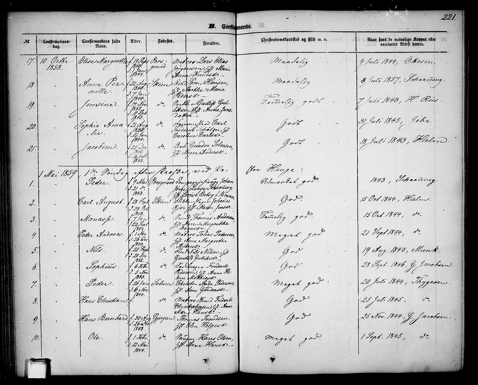 Skien kirkebøker, SAKO/A-302/G/Ga/L0004: Parish register (copy) no. 4, 1843-1867, p. 221