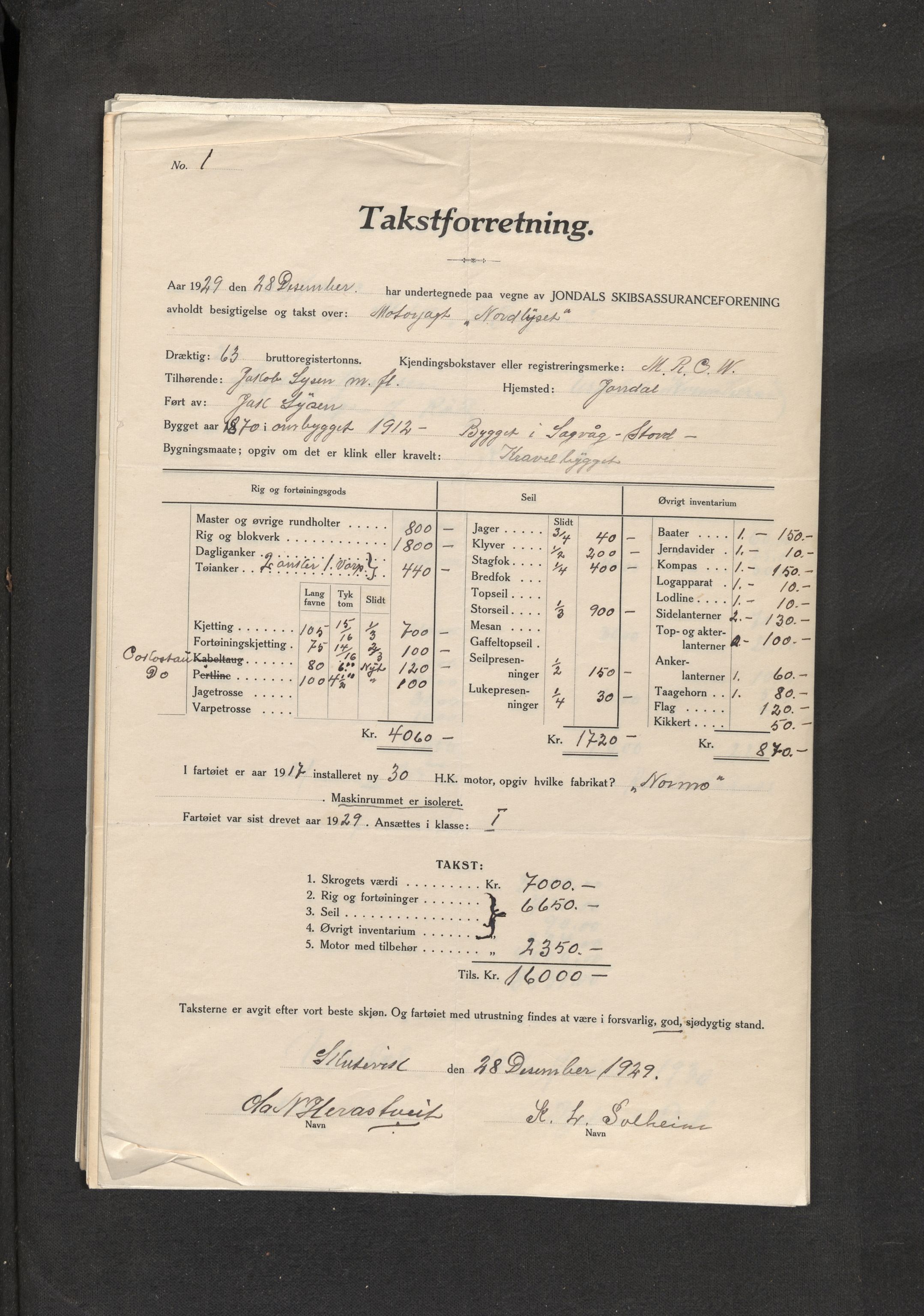 Jondal Skipsassuranseforening, AV/SAB-SAB/PA-0276/E/L0053: Takster , 1929-1935