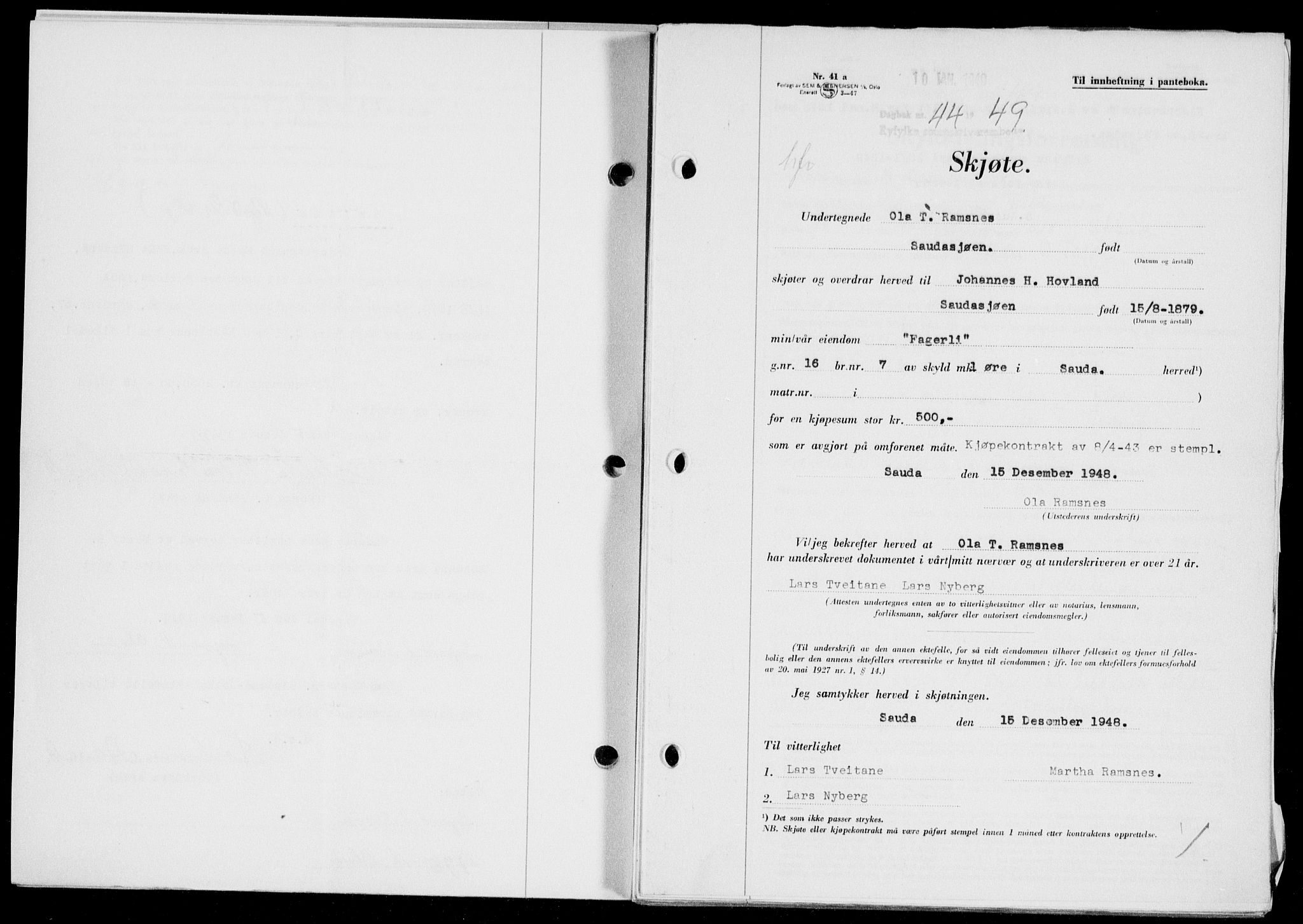 Ryfylke tingrett, SAST/A-100055/001/II/IIB/L0104: Mortgage book no. 83, 1948-1949, Diary no: : 44/1949