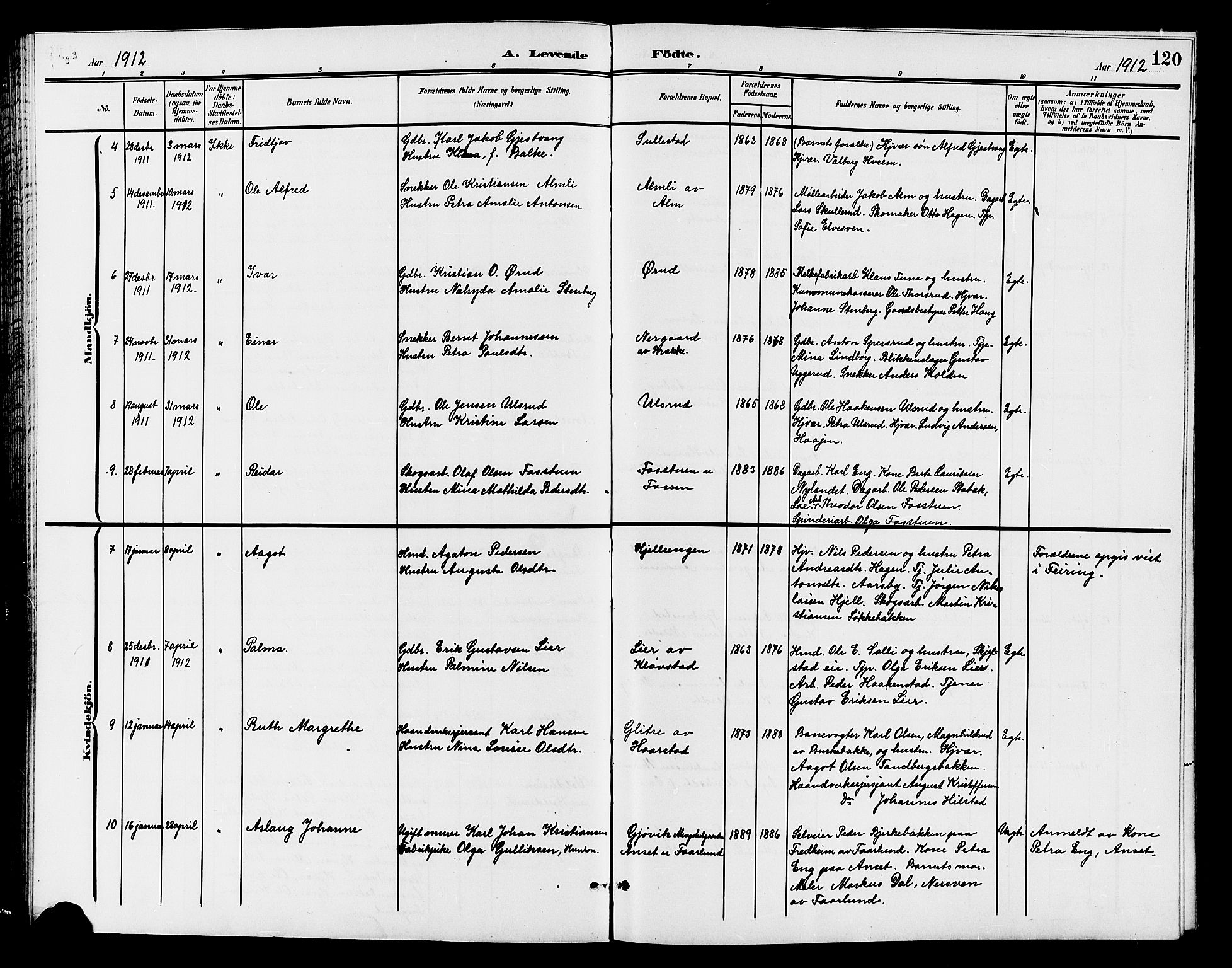 Østre Toten prestekontor, AV/SAH-PREST-104/H/Ha/Hab/L0007: Parish register (copy) no. 7, 1901-1912, p. 120