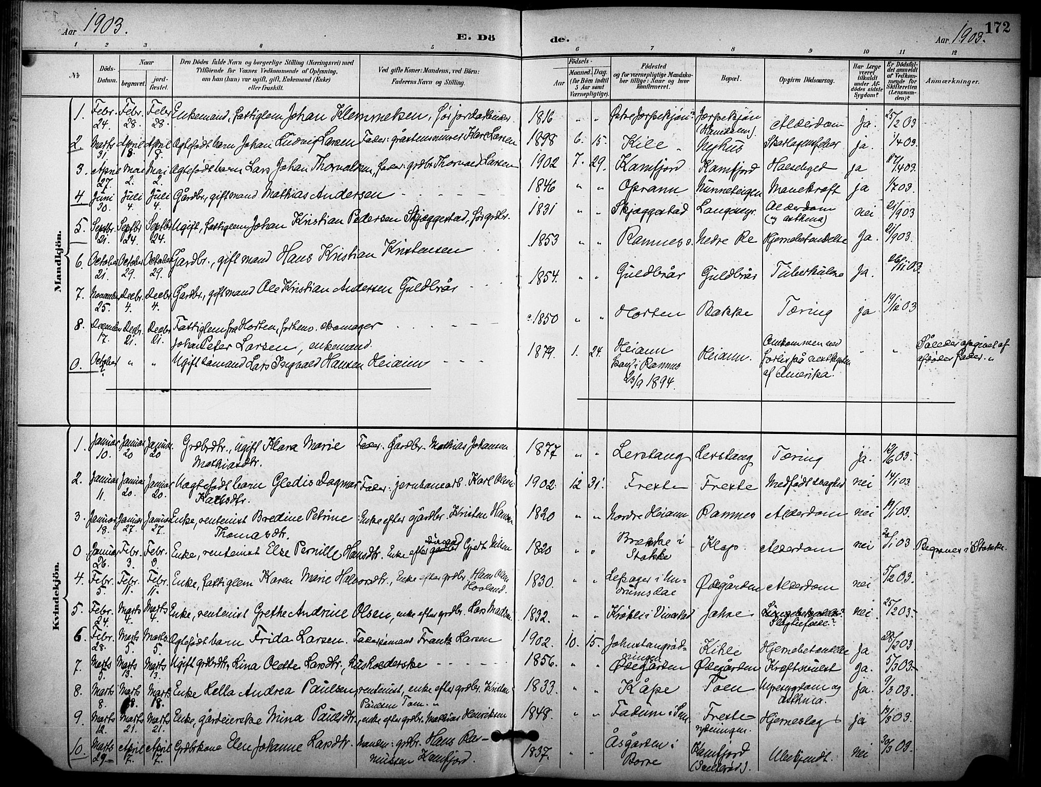 Ramnes kirkebøker, AV/SAKO-A-314/F/Fa/L0008: Parish register (official) no. I 8, 1896-1913, p. 172