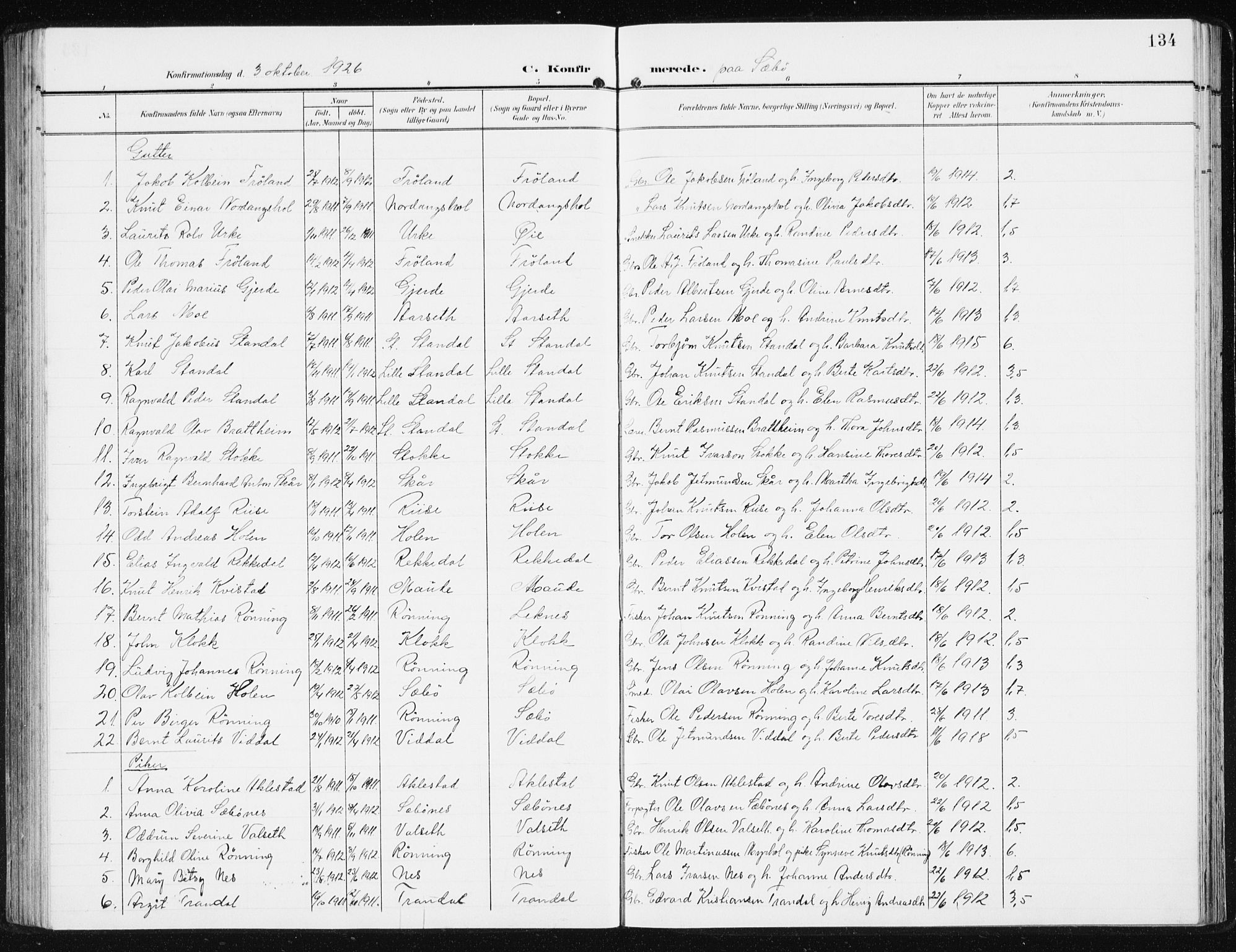 Ministerialprotokoller, klokkerbøker og fødselsregistre - Møre og Romsdal, SAT/A-1454/515/L0216: Parish register (copy) no. 515C03, 1906-1941, p. 134
