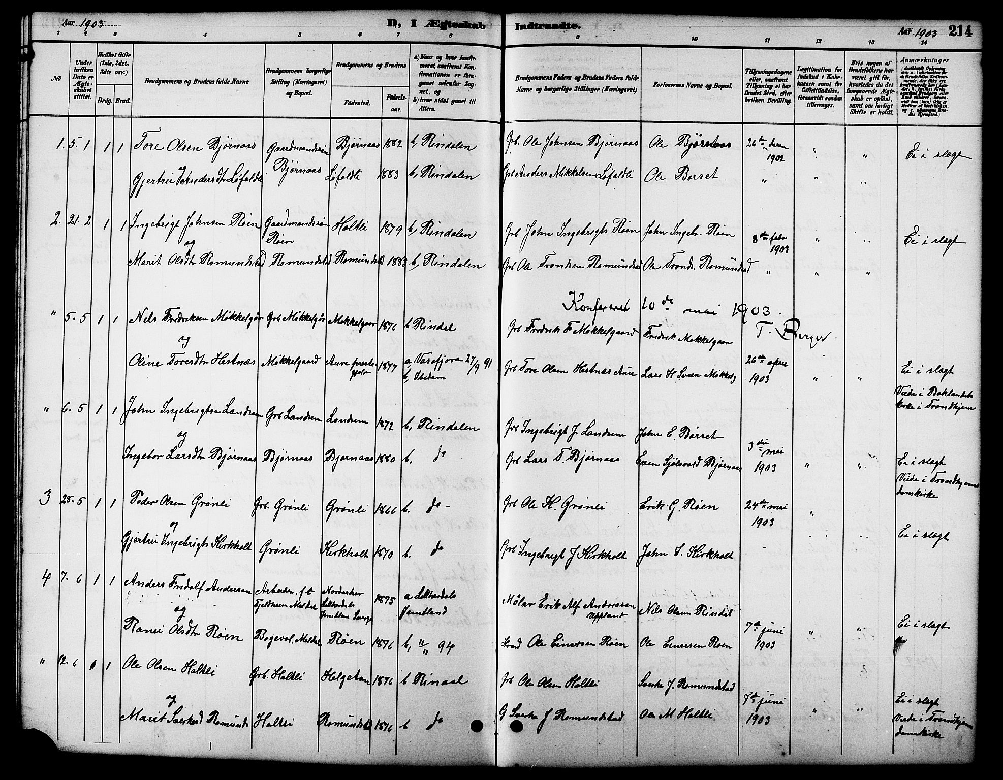 Ministerialprotokoller, klokkerbøker og fødselsregistre - Møre og Romsdal, SAT/A-1454/598/L1078: Parish register (copy) no. 598C03, 1892-1909, p. 214